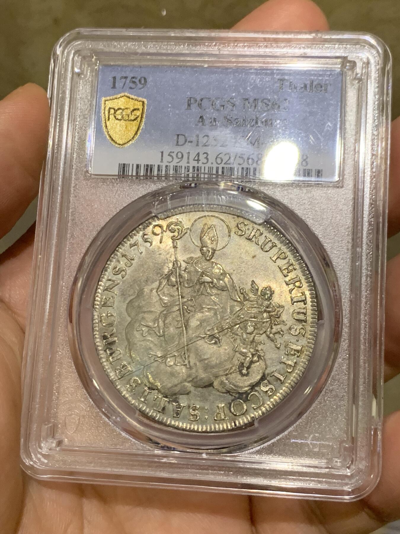 《竞宝斋》第482场 周日，周一 2场连拍 （全场包邮）20级店铺 欢迎送拍 唯一冠军分 PCGS MS62 神圣罗马帝国萨尔茨堡 1759年 主教区泰勒大银币 独年流通泰勒 好品极少 盒子上有裂纹 对于这样品质的藏品来说盒子问题已经可以忽略