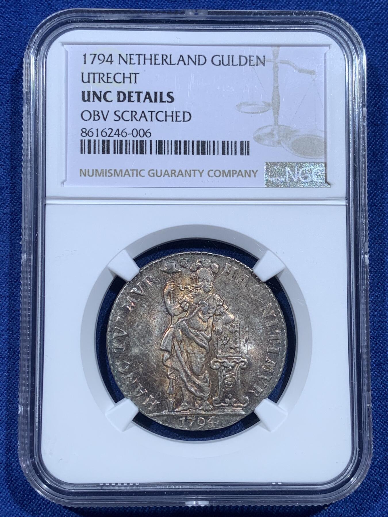 《竞宝斋》第482场 周日，周一 2场连拍 （全场包邮）20级店铺 欢迎送拍 NGC UNCD 荷兰1794年乌特勒支1盾银币，炫丽五彩，高点清晰，值得入藏。