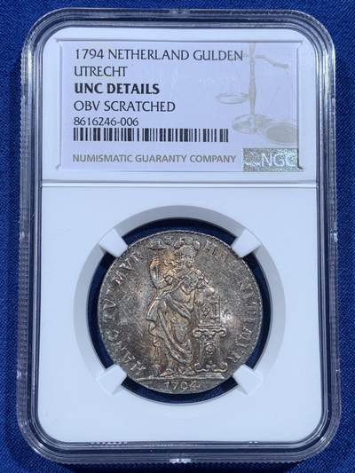 《竞宝斋》第482场 周日，周一 2场连拍 （全场包邮）20级店铺 欢迎送拍 - NGC UNCD 荷兰1794年乌特勒支1盾银币，炫丽五彩，高点清晰，值得入藏。