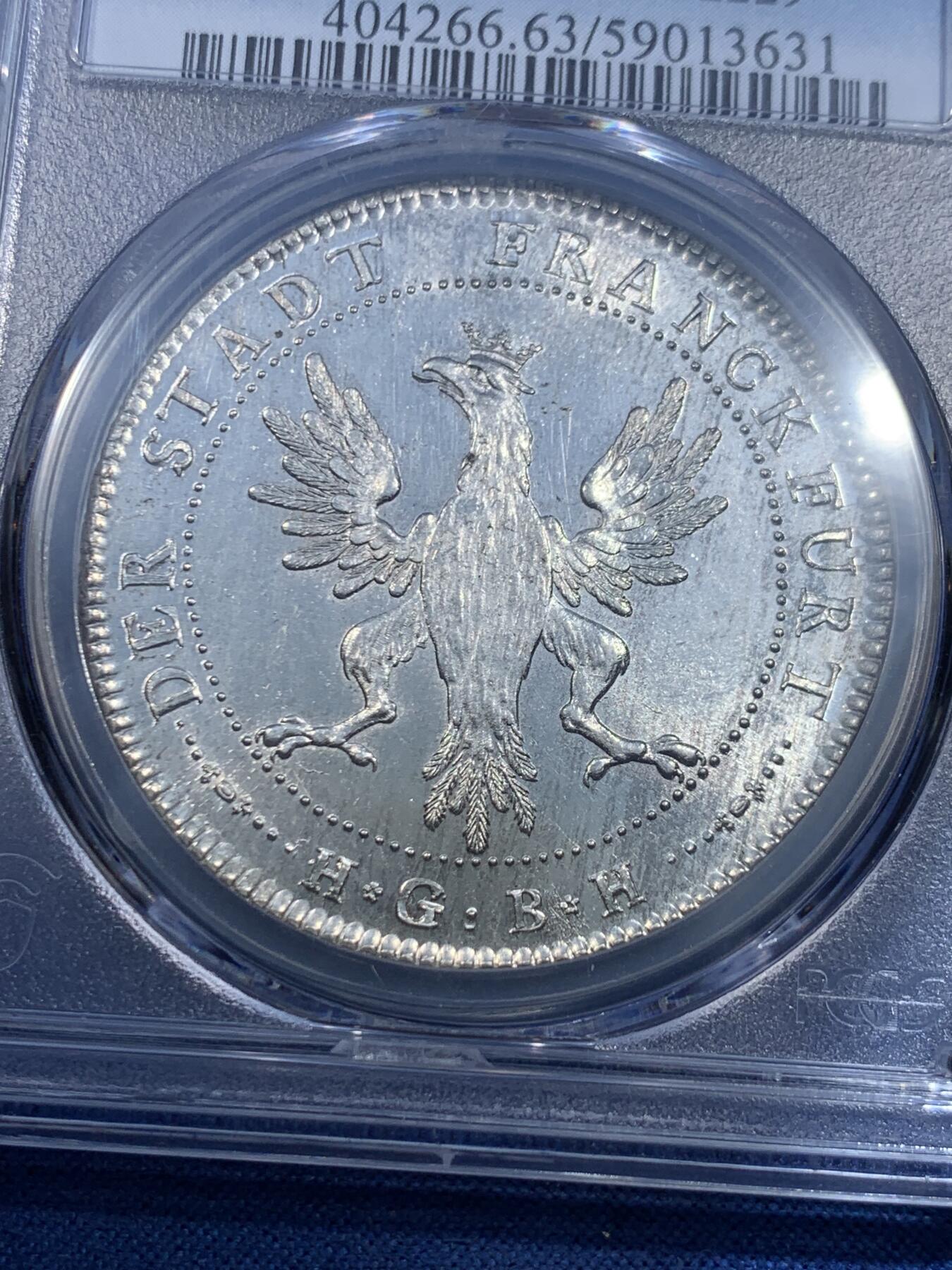 《竞宝斋》第482场 周日，周一 2场连拍 （全场包邮）20级店铺 欢迎送拍 季军分 PCGS MS63 德国 1796 法兰克福 烤鸡泰勒大银币 白净凝霜 十字转光 低评了