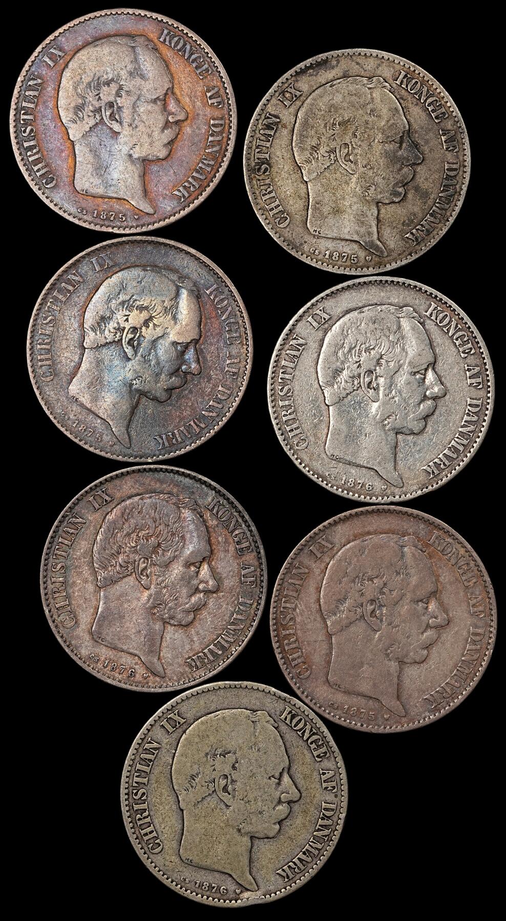 修遠堂世界钱币第112期 丹麦克里斯蒂安九世海豚2 克朗银币一组，总重102.98g，含银80%