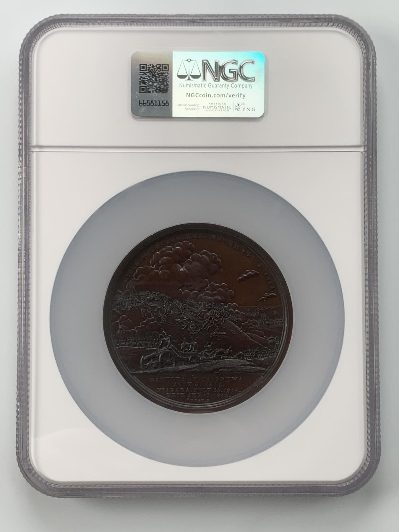 掌中浮雕-藏着的欧洲第059场 NGC MS63 ：1814年美国詹姆斯米勒准将铜章，65mm，原铸，稀少