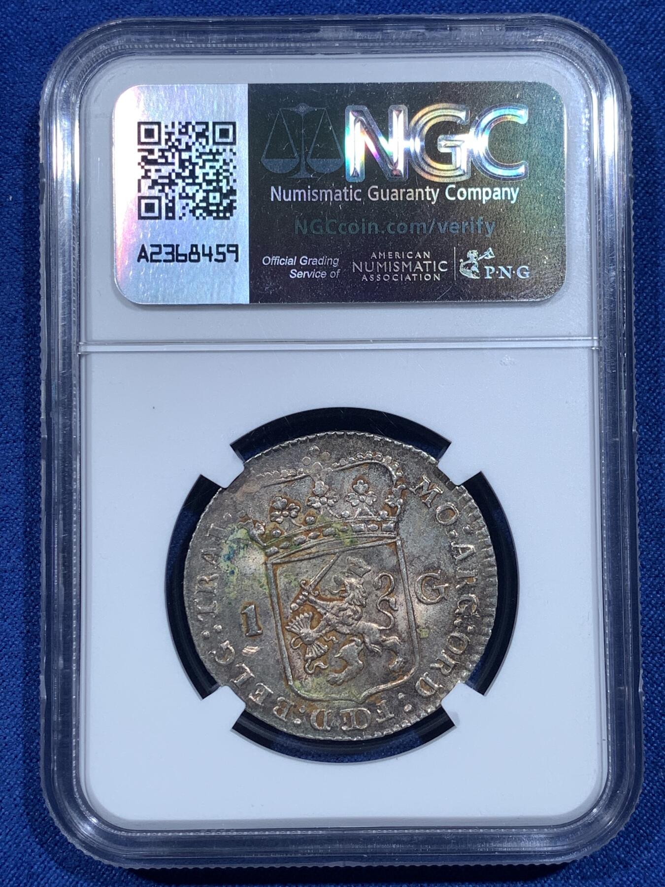 《竞宝斋》第482场 周日，周一 2场连拍 （全场包邮）20级店铺 欢迎送拍 NGC UNCD 荷兰1794年乌特勒支1盾银币，炫丽五彩，高点清晰，值得入藏。