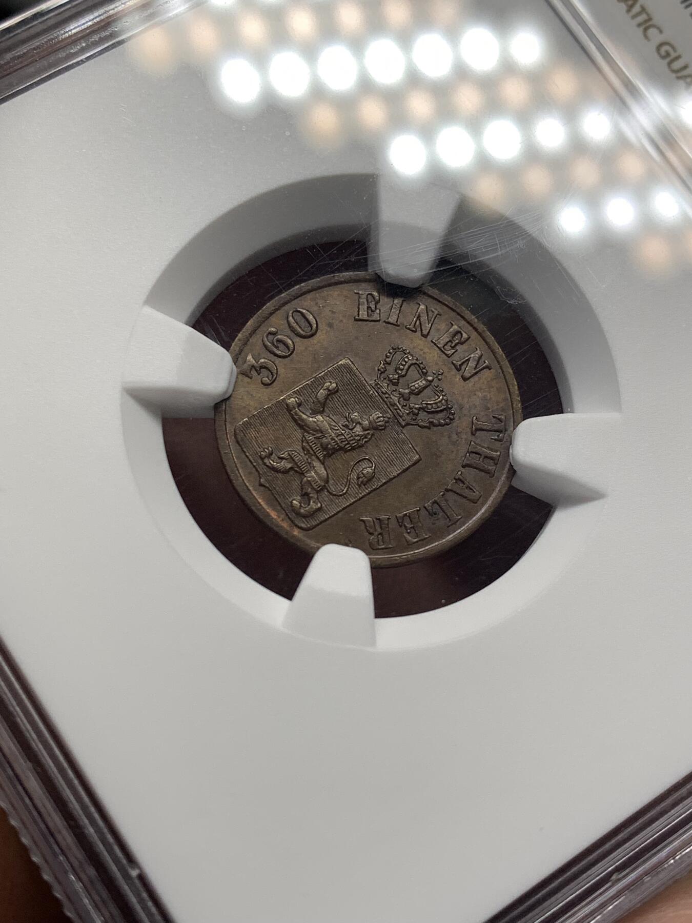 《竞宝斋》第482场 周日，周一 2场连拍 （全场包邮）20级店铺 欢迎送拍 唯一冠军分 NGC MS63+BN 德国1866年黑森卡塞尔邦1赫勒铜币 