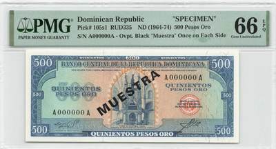 4月27日 🌏全球币章 - 珍品：1964-74年版 多米尼加 500比索 全同号 通天号 000000号样票 PMG66分EPQ（克劳斯UNC品相175美元） 