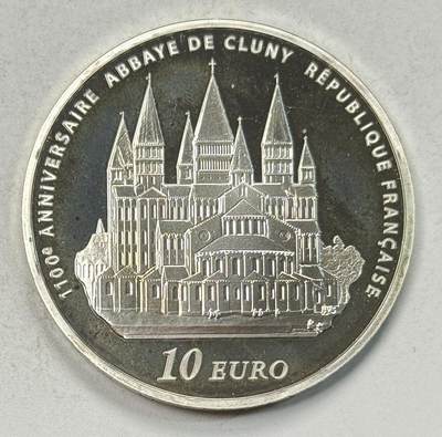 S&S Numismatic世界钱币-拍卖 第126期  法国2010年 欧罗巴系列-克卢尼修道院1100周年 10欧元精制纪念银币 22.2克999银，品相如图，裸币