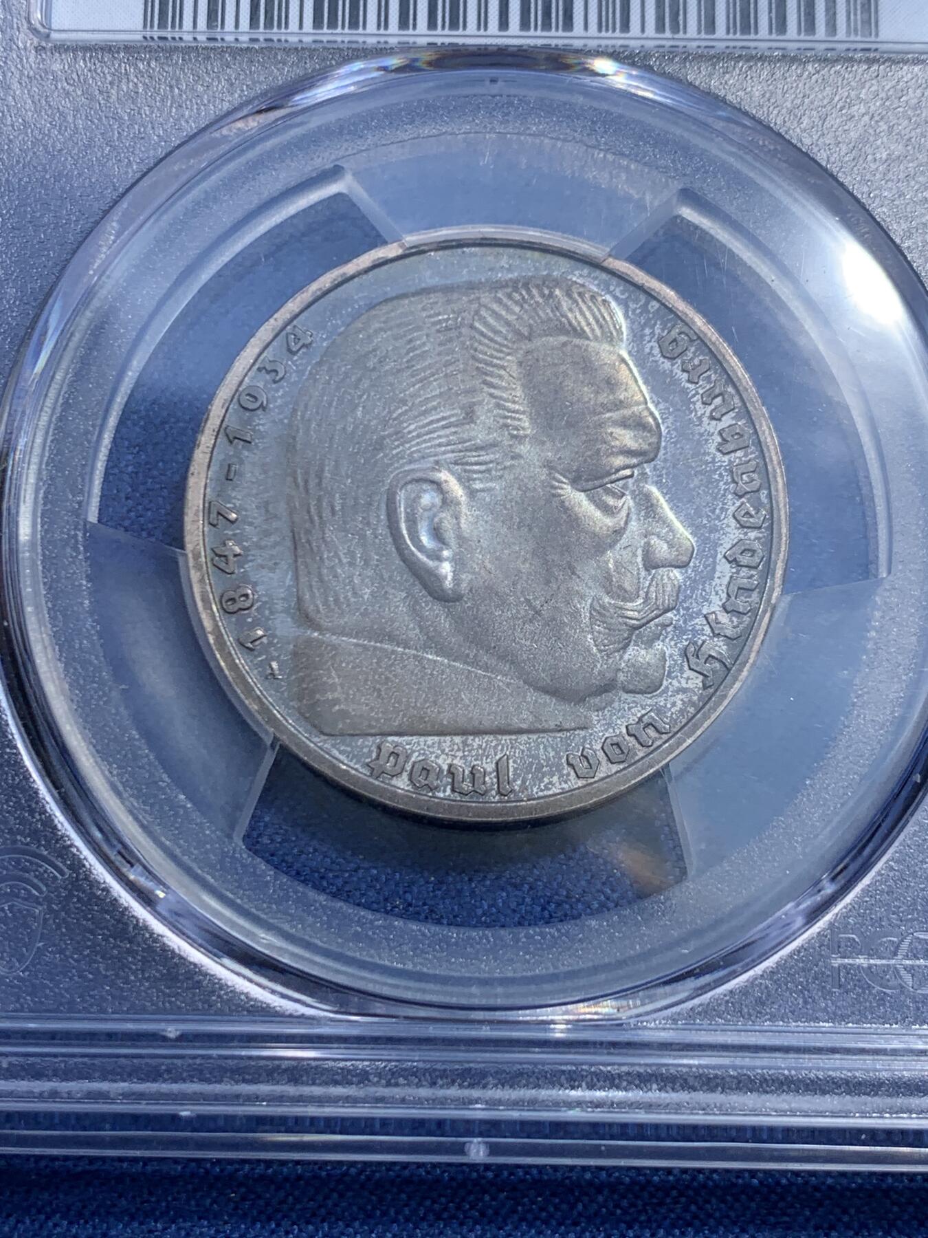 《竞宝斋》第482场 周日，周一 2场连拍 （全场包邮）20级店铺 欢迎送拍 PCGS PR65 德国 1935A 兴登堡精制5马克 亚军分，高分精制主币，五彩镜面