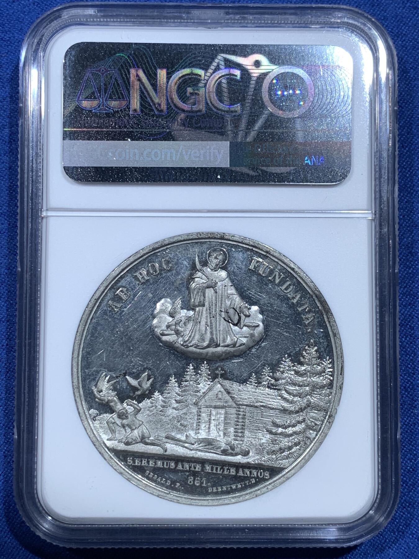《竞宝斋》第482场 周日，周一 2场连拍 （全场包邮）20级店铺 欢迎送拍 NGC MS61 瑞士1861年亨利四世修道院建成1000周年纪念章，WM材质，双面高浮雕深打，PL底板，修道院景观丝丝入扣，状态非常好。