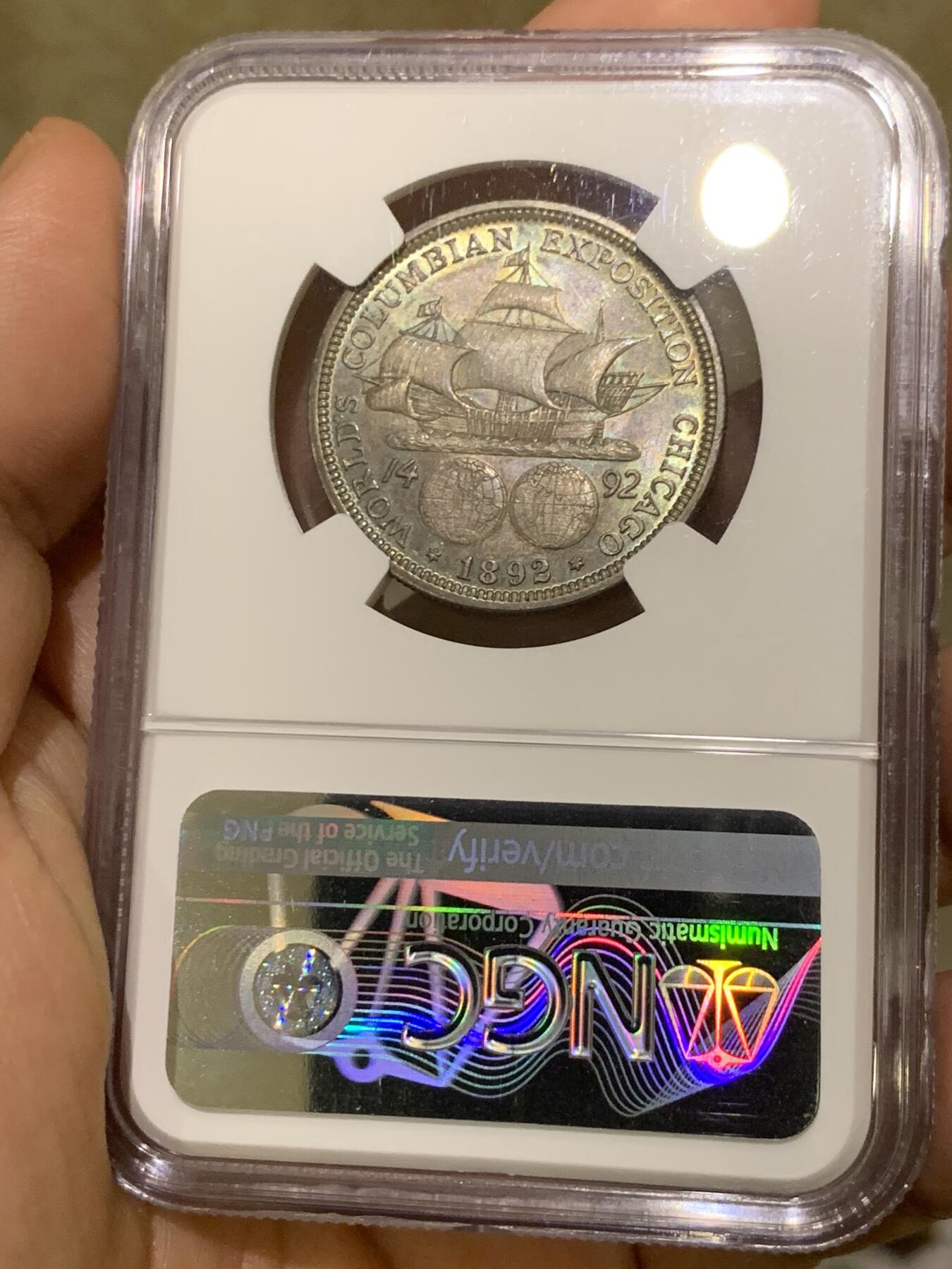 《竞宝斋》第482场 周日，周一 2场连拍 （全场包邮）20级店铺 欢迎送拍 NGC MS64 美国 1892年 哥伦布半美元 纪念银币 少见的绿色包浆 非常好看