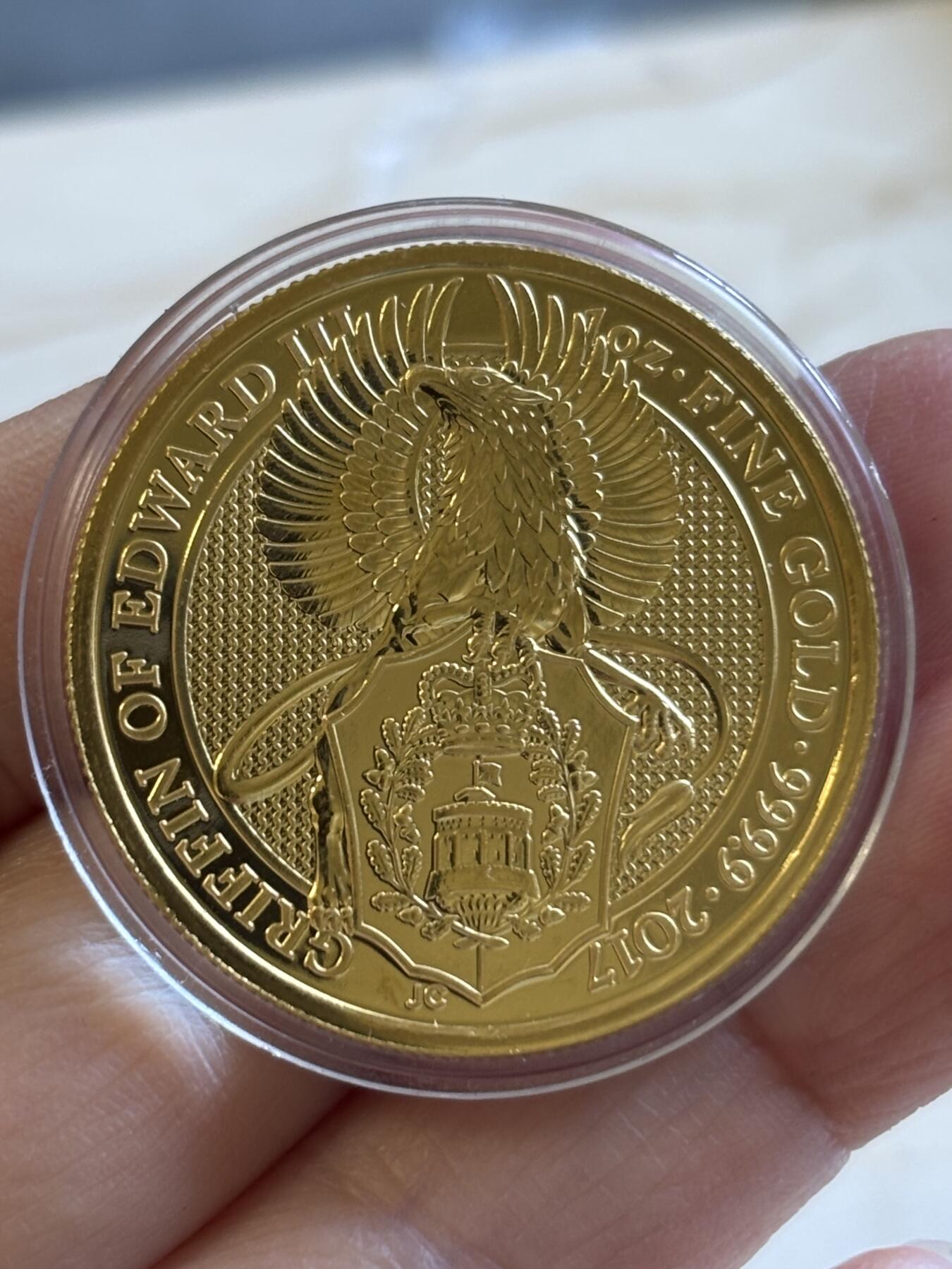 第197期拍卖 英国2017年女王神兽系列格里芬鹰1盎司纪念金币，9999金