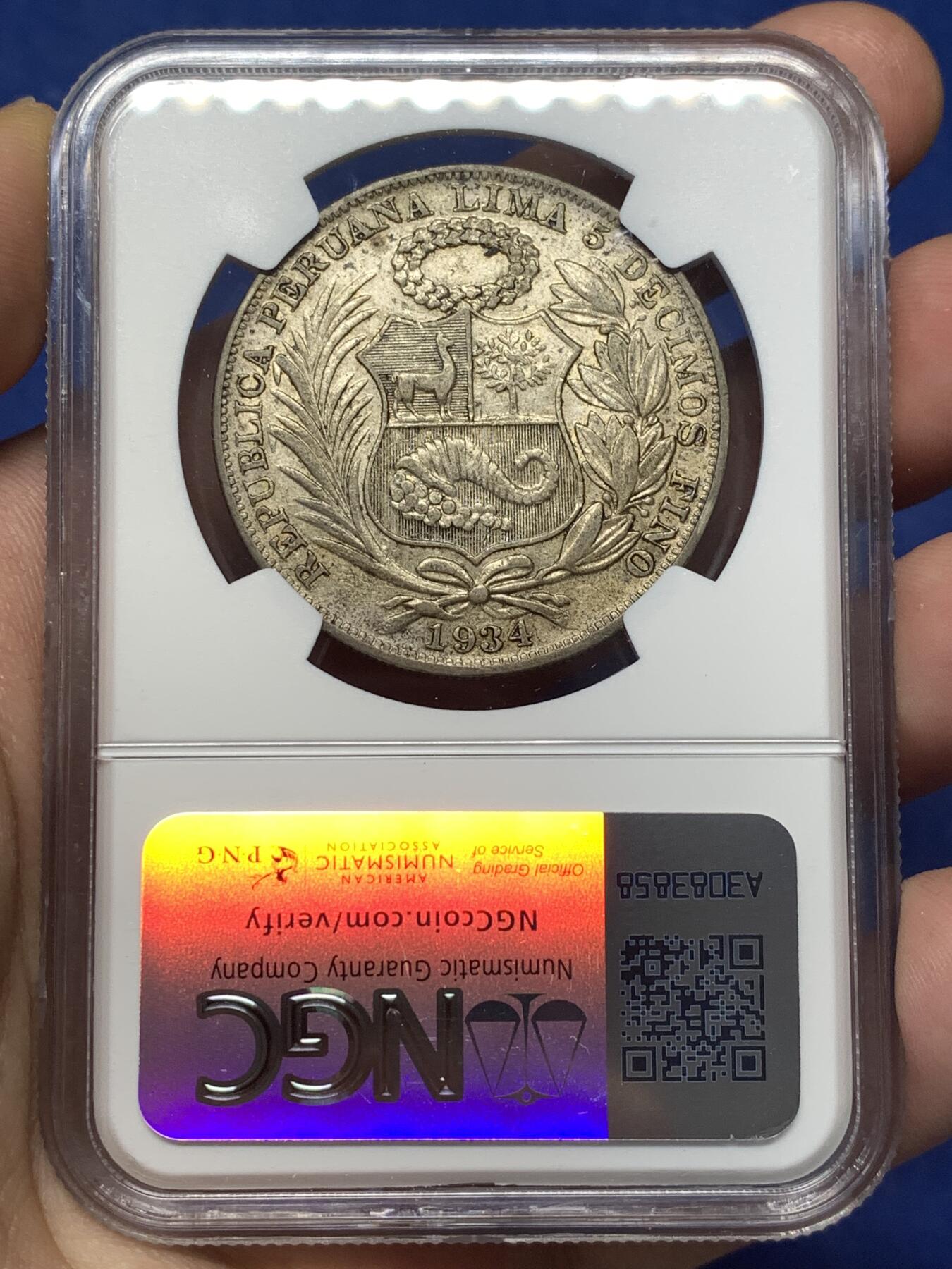 《竞宝斋》第482场 周日，周一 2场连拍 （全场包邮）20级店铺 欢迎送拍 NGC AU50 秘鲁1934年坐人女神1索尔银币