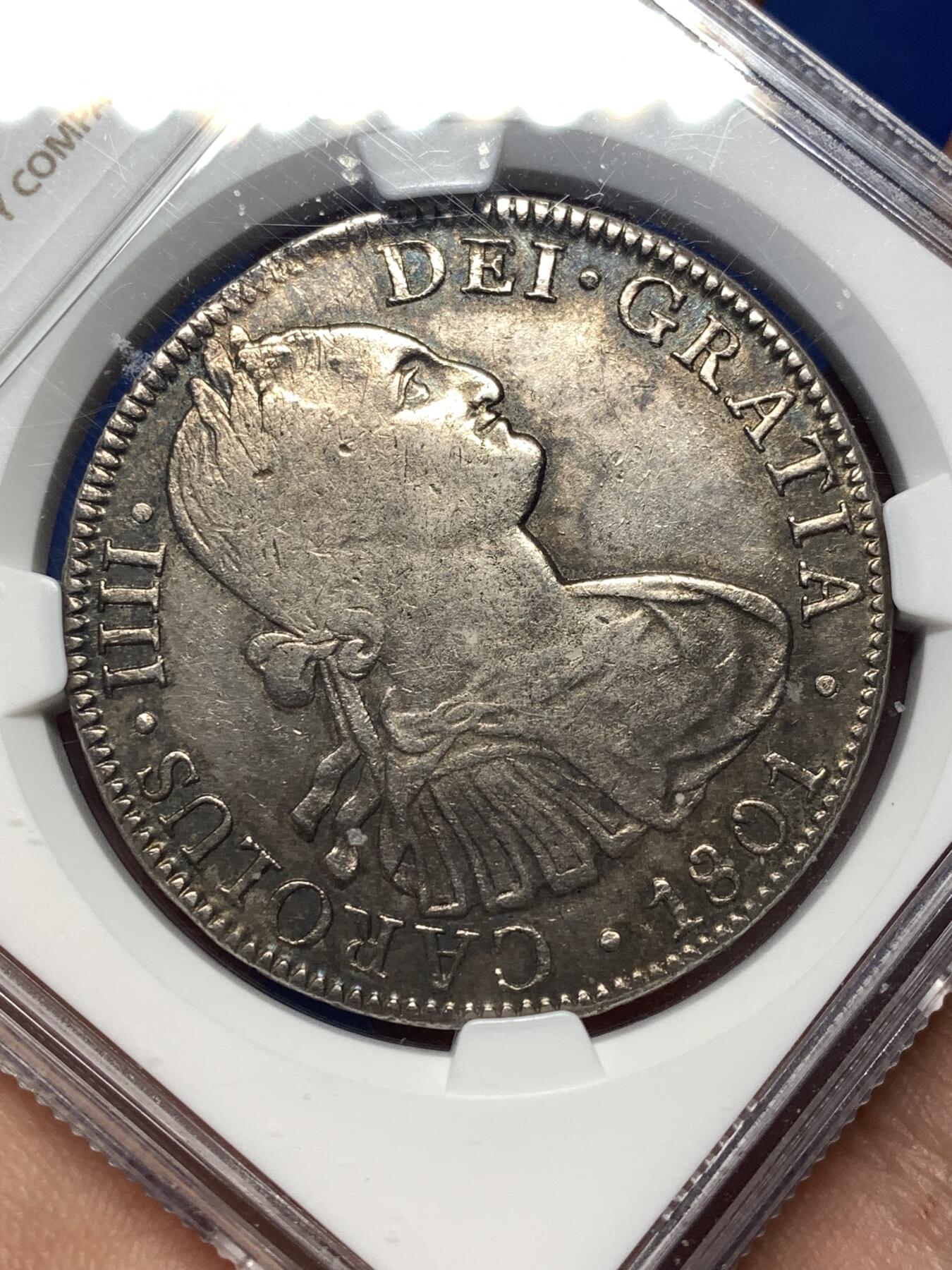 《竞宝斋》第482场 周日，周一 2场连拍 （全场包邮）20级店铺 欢迎送拍 NGC VFD 1801年西属墨西哥卡洛斯四世8R银币 F·T/F·M骑字版