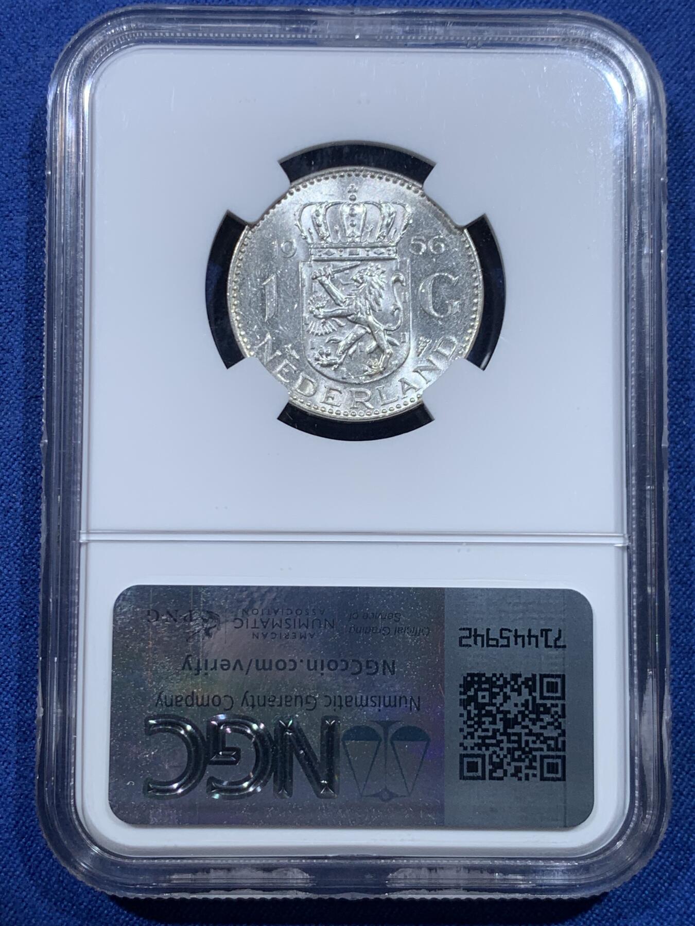 《竞宝斋》第482场 周日，周一 2场连拍 （全场包邮）20级店铺 欢迎送拍 NGC MS61 荷兰1956年1盾银币，50年代好品比60年代的少多了