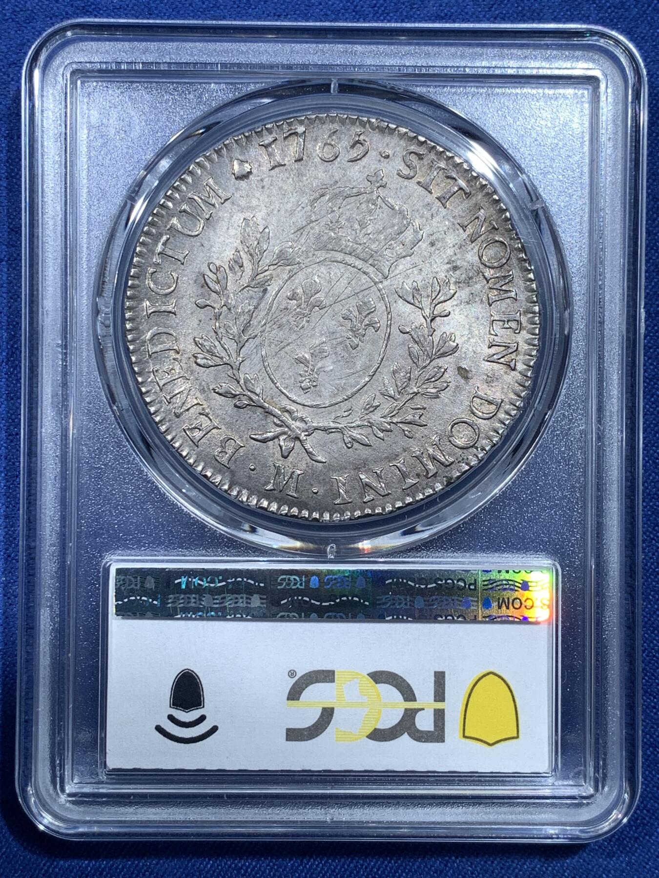 《竞宝斋》第482场 周日，周一 2场连拍 （全场包邮）20级店铺 欢迎送拍 唯一冠军分 PCGS AU58 法国1765M路易十五埃居 M厂图卢兹铸造，稀有度R3。 PCGS NGC 双冠军分，且均为唯一评级记录！ 整体状态很好，深打制很难得，金彩，眼神很犀利，观赏性很高。