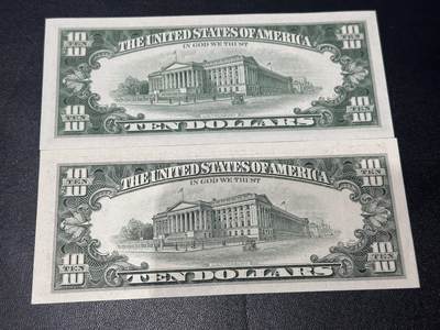 《外钞收藏家》第六百二十九期（精品场）（长期征集拍品、欢迎藏友们联系合作） 美国小头版1990和63年10美元2张一起 63年边上有瑕疵2个裂口+90年全新不绝小瑕疵