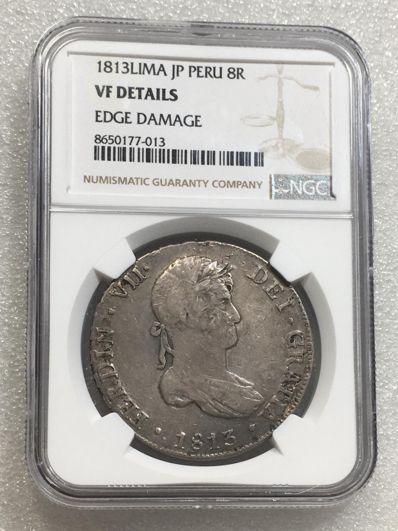 世界钱币专场拍卖 每周二开拍 NGC VFD西属秘鲁1813年利马版费迪南七世双柱8瑞尔银币