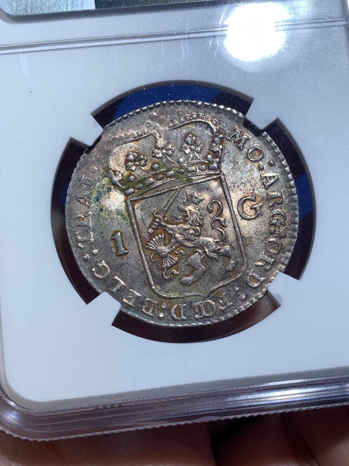 《竞宝斋》第482场 周日，周一 2场连拍 （全场包邮）20级店铺 欢迎送拍 NGC UNCD 荷兰1794年乌特勒支1盾银币，炫丽五彩，高点清晰，值得入藏。