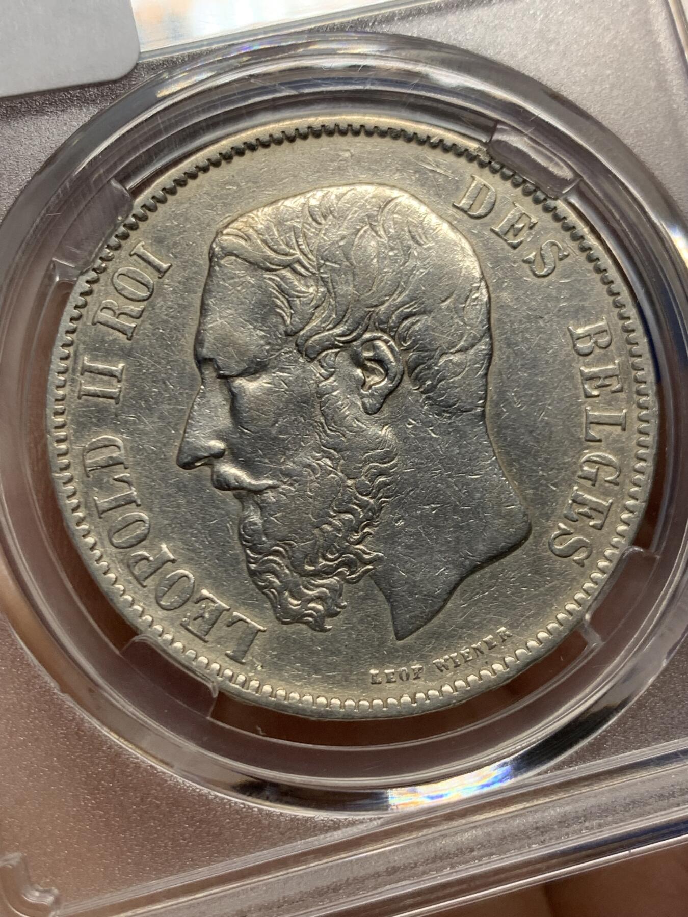 《竞宝斋》第482场 周日，周一 2场连拍 （全场包邮）20级店铺 欢迎送拍 比利时 1873年 利奥波德二世 5法郎 银币 当裸币拍 保真