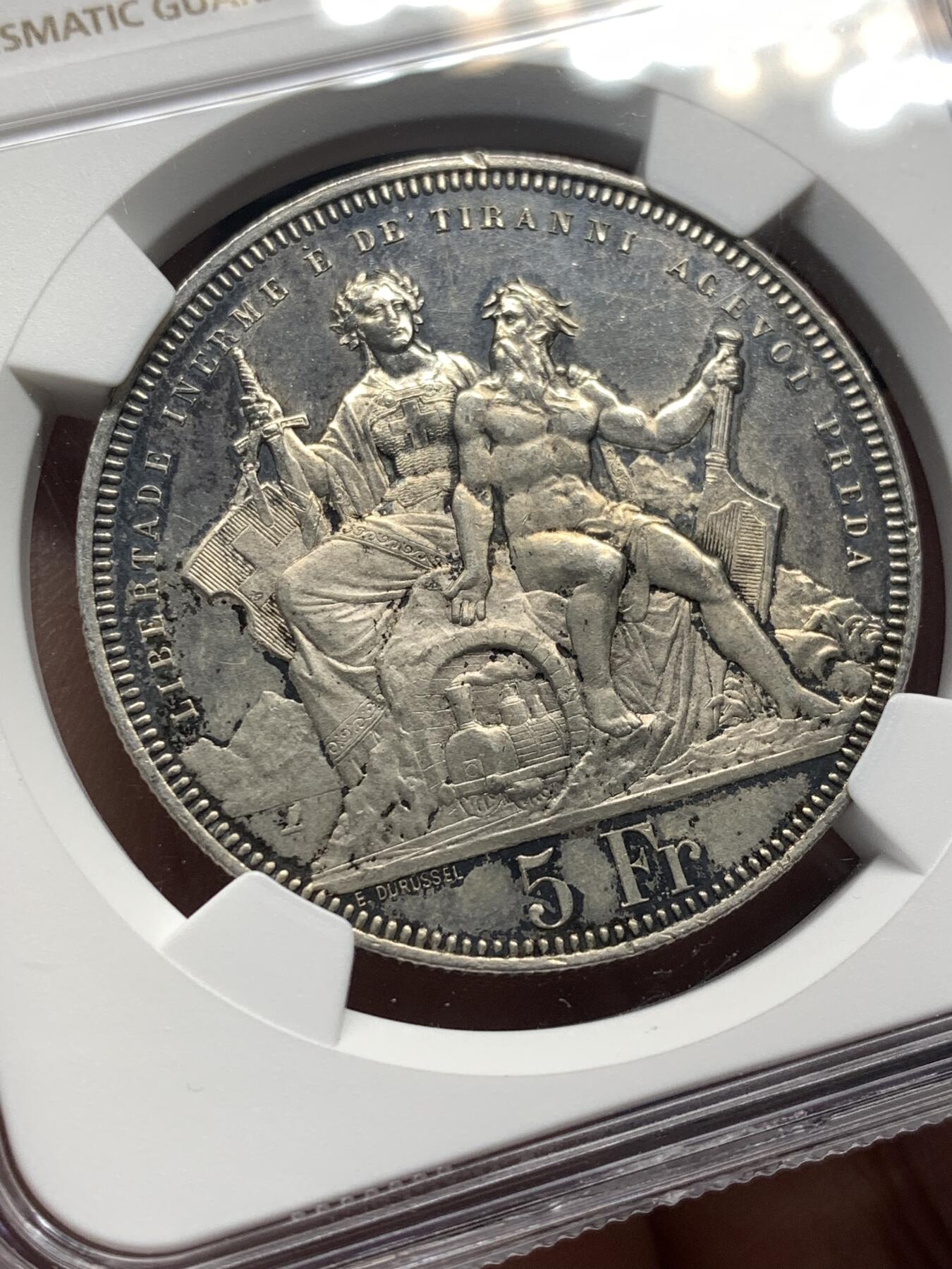 《竞宝斋》第482场 周日，周一 2场连拍 （全场包邮）20级店铺 欢迎送拍 NGC UNCD 瑞士1883年卢加诺射击节5法郎银币 好品