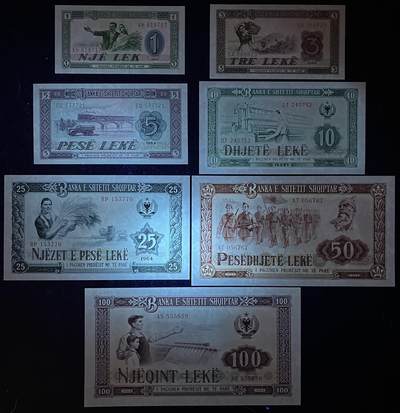 小福收藏拍卖第205期 裸钞场 本期有多张豹子号靓号  大量民国钞 百慕大样钞洋葱冠全套  阿富汗首年份查希尔国王和独立纪念碑 仅发行1000枚亚克力砖封蒙古20000图格里克帝国800周年纪念钞 卢旺达 东加勒比 斯里兰卡等多国精美纸币 阿尔巴尼亚 1964年 1 3 510 25 50 100列克 中国代印 （含2张无47） 7张大全套 unc