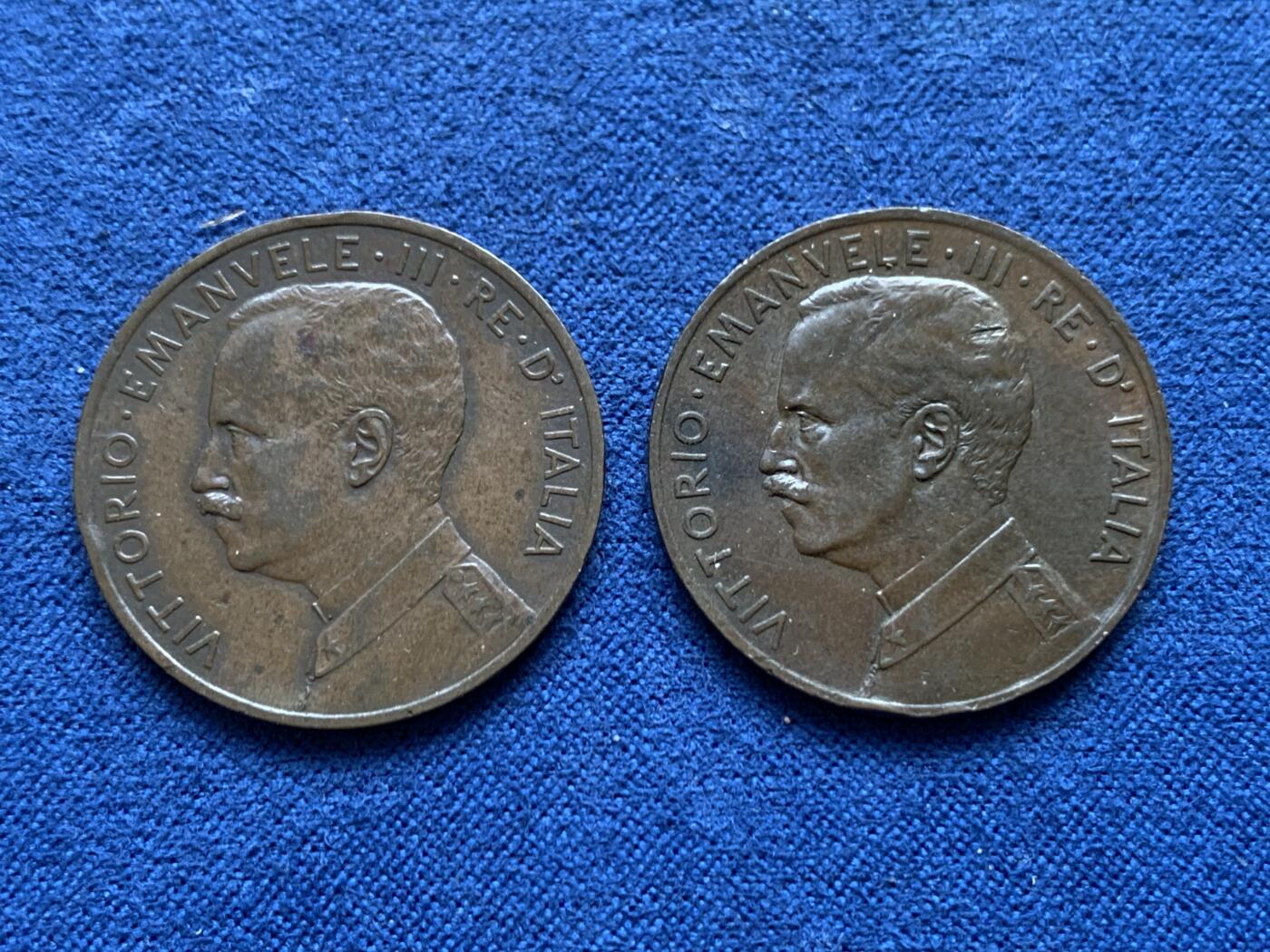 《竞宝斋》第482场 周日，周一 2场连拍 （全场包邮）20级店铺 欢迎送拍 两枚一组 意大利1909/1918年拿花50分铜币，5分发行量较少