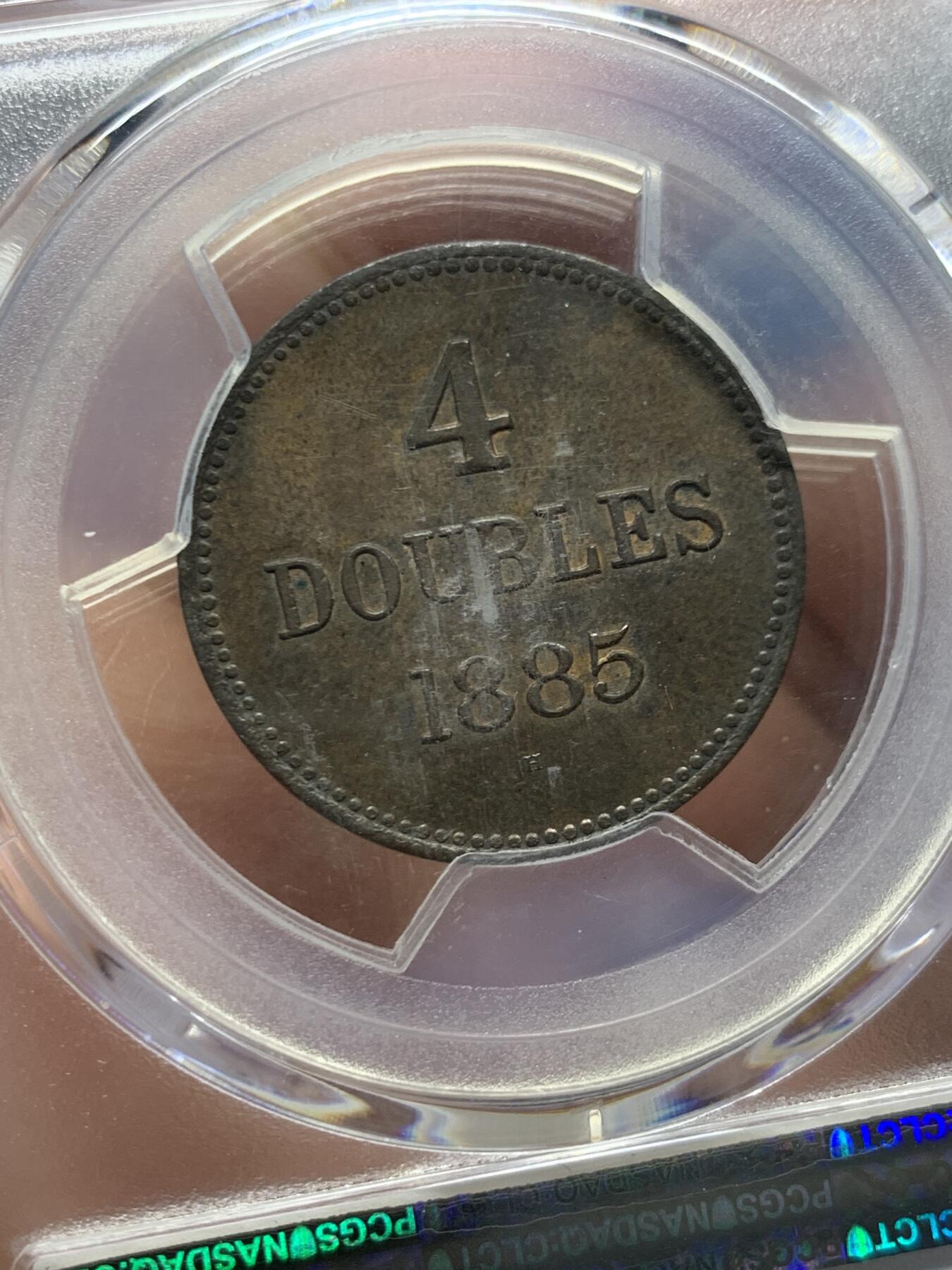 《竞宝斋》第482场 周日，周一 2场连拍 （全场包邮）20级店铺 欢迎送拍 PCGS PR63BN 唯一冠军分 根西岛1885年4道布精制铜币，首见，极为稀少的根西精铸版，一骑绝尘的分数，PC亚军就只有AU50了。SBP拍卖22年N盒SP61分160美元不含佣成交，63错过难遇