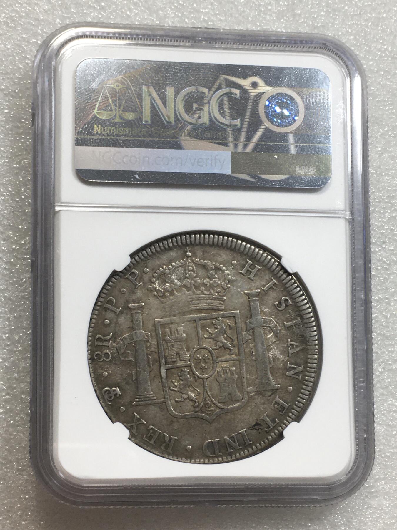 世界钱币专场拍卖 每周二开拍 NGC XFD西属玻利维亚1798年卡洛斯四世双柱8瑞尔银币