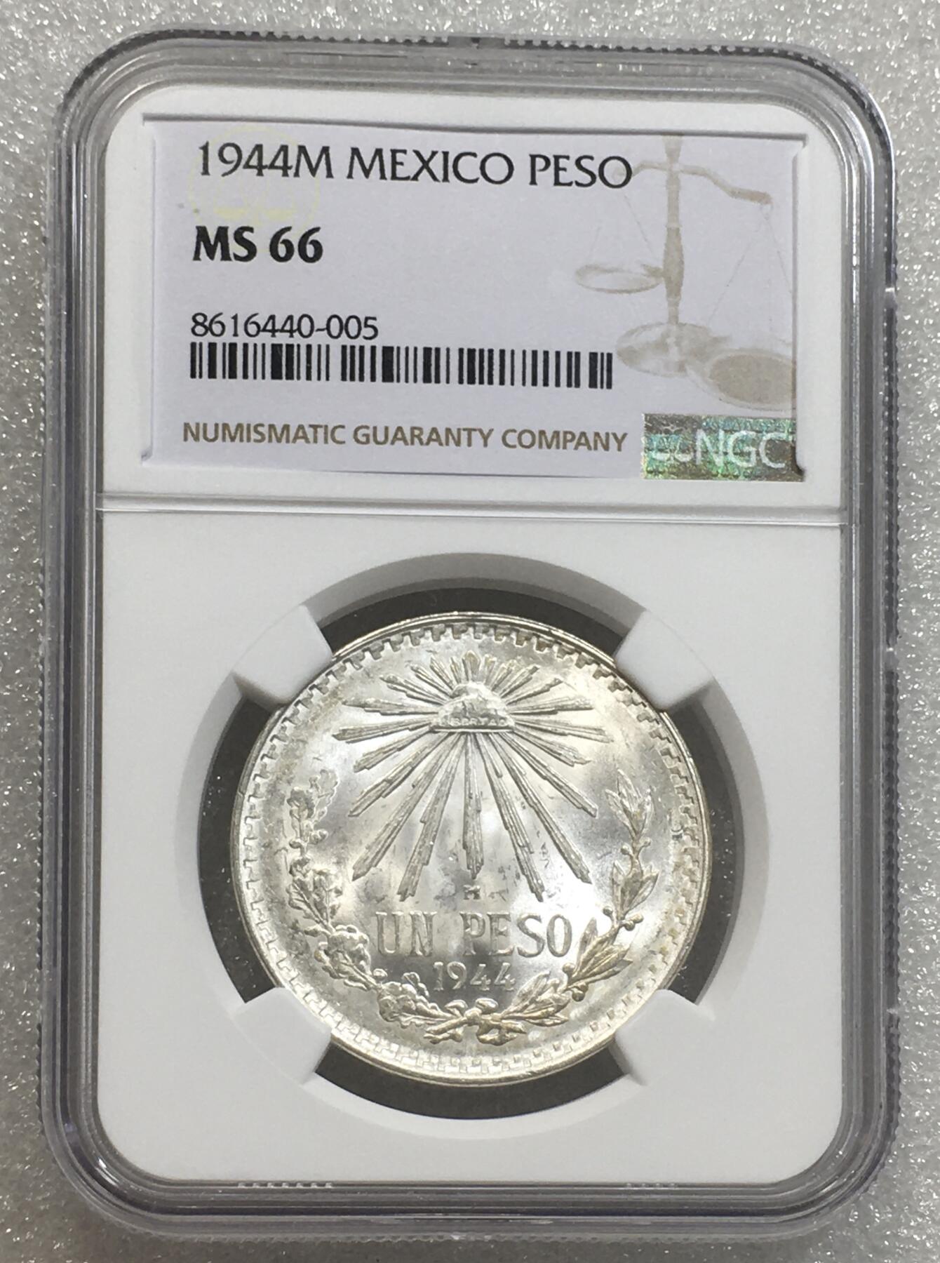 世界钱币专场拍卖 每周二开拍 NGC MS66墨西哥1944年鹰洋一比索银币