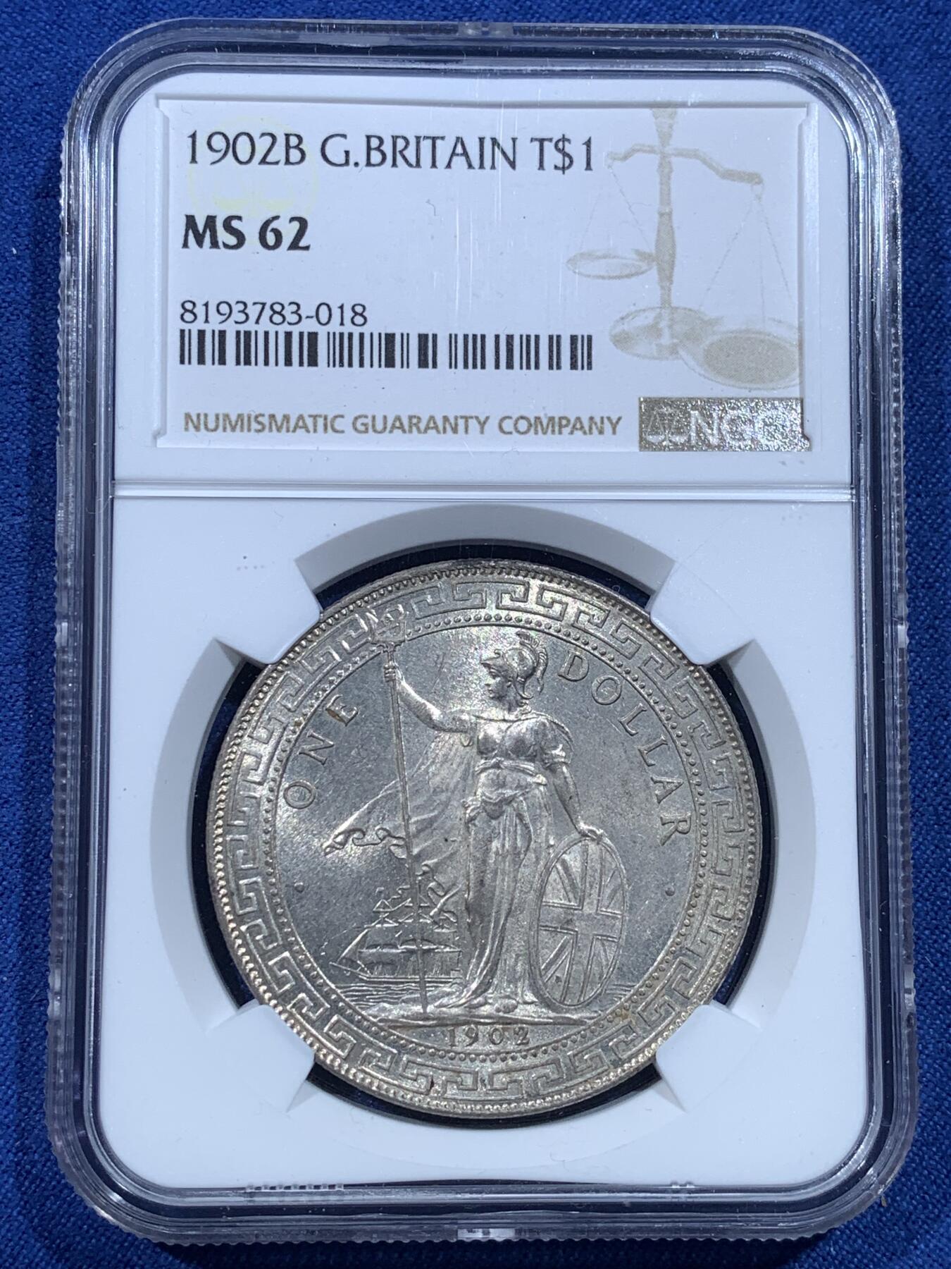 《竞宝斋》第482场 周日，周一 2场连拍 （全场包邮）20级店铺 欢迎送拍 NGC MS62 英国 1902年 贸易银币 站洋壹圆 犀利转光 很好的藏品