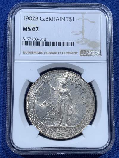 《竞宝斋》第482场 周日，周一 2场连拍 （全场包邮）20级店铺 欢迎送拍 - NGC MS62 英国 1902年 贸易银币 站洋壹圆 犀利转光 很好的藏品