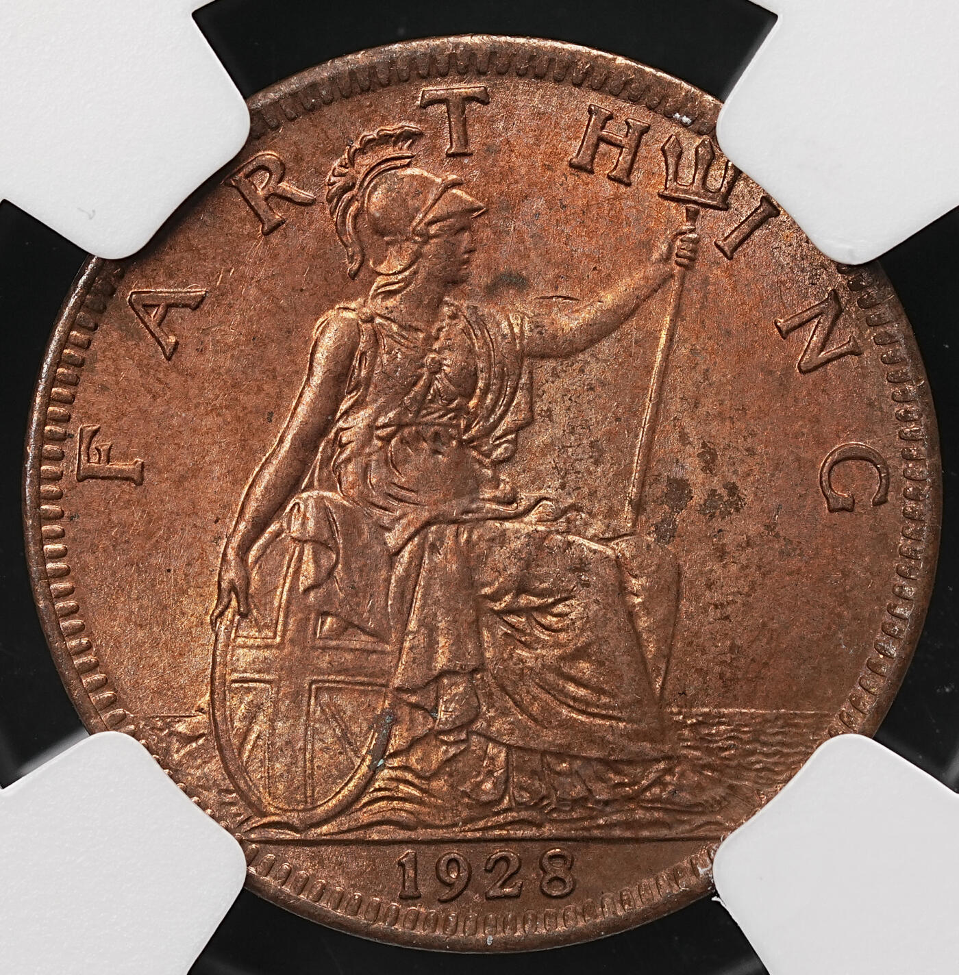 修遠堂世界钱币第112期 NGC MS62RB  1928年英国1法新铜币