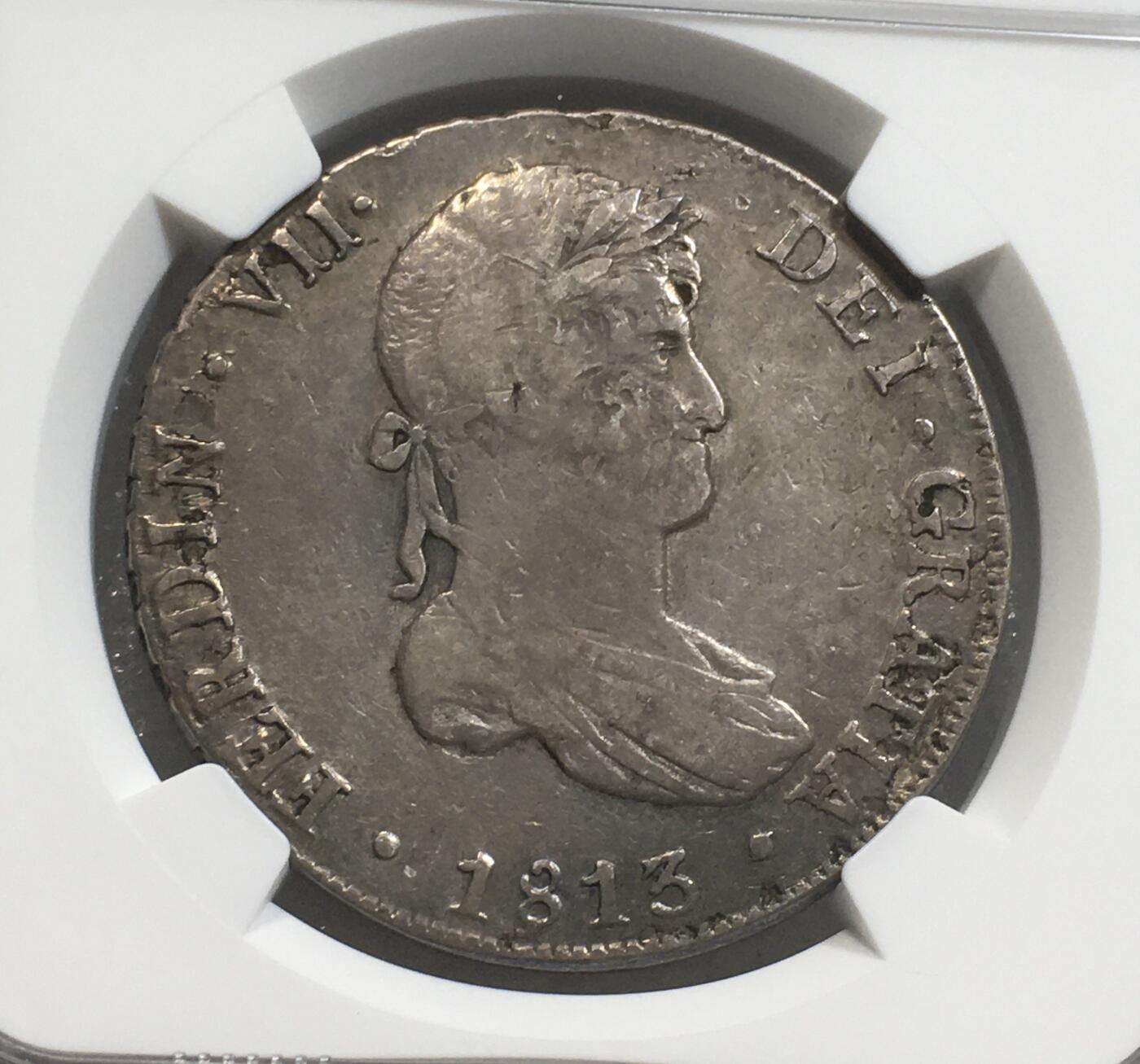 世界钱币专场拍卖 每周二开拍 NGC VFD西属秘鲁1813年利马版费迪南七世双柱8瑞尔银币