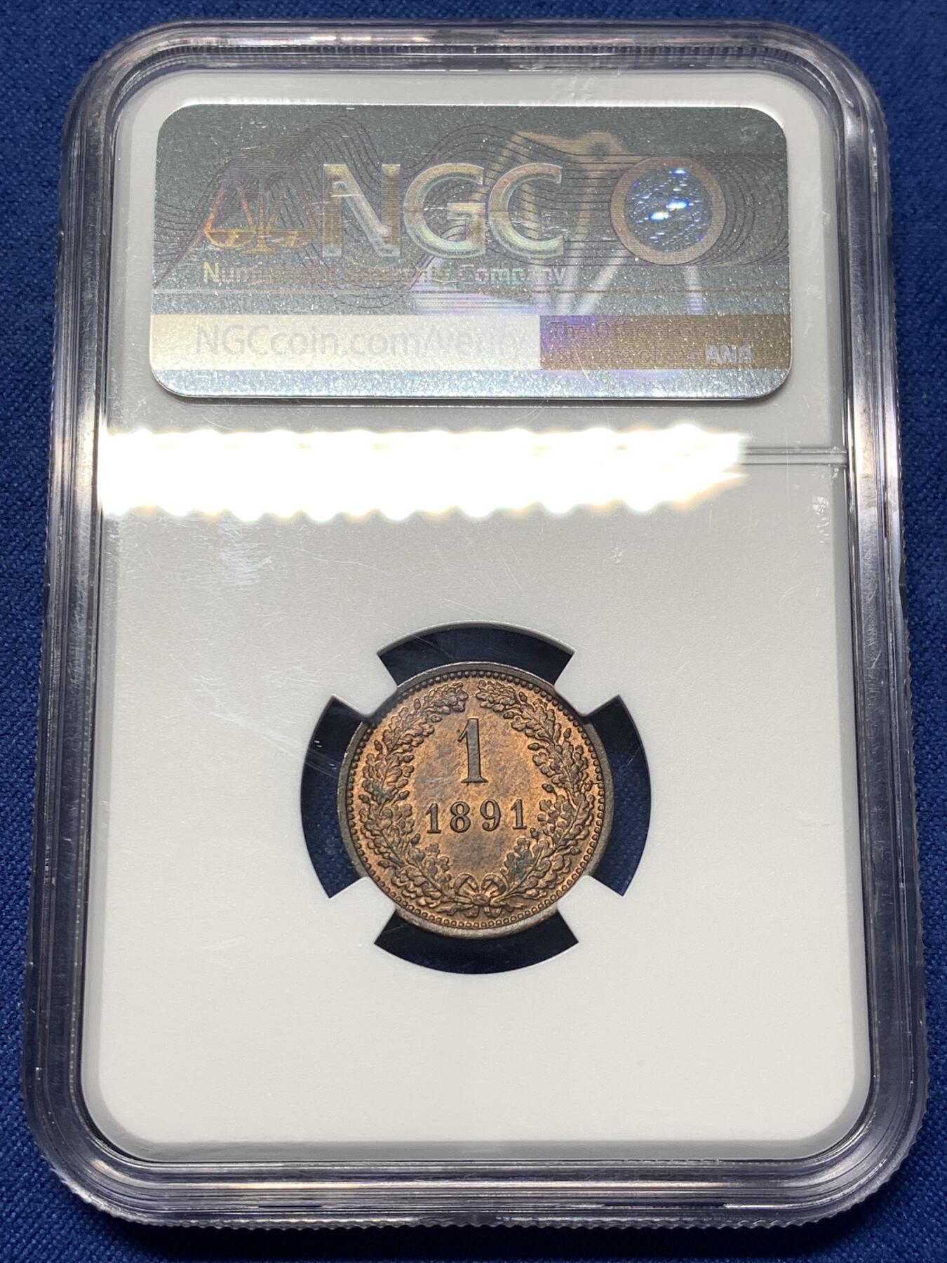 《竞宝斋》第482场 周日，周一 2场连拍 （全场包邮）20级店铺 欢迎送拍 NGC MS63RB 奥地利1891年1克鲁泽铜币，原光状态小铜币