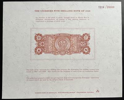 小福收藏拍卖第205期 裸钞场 本期有多张豹子号靓号  大量民国钞 百慕大样钞洋葱冠全套  阿富汗首年份查希尔国王和独立纪念碑 仅发行1000枚亚克力砖封蒙古20000图格里克帝国800周年纪念钞 卢旺达 东加勒比 斯里兰卡等多国精美纸币 澳大利亚 1946年 未发行5先令凹印图样 发行量20000张 7218号 有原封 尺寸很大 趣味品种 unc