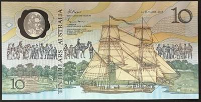 小福收藏拍卖第205期 裸钞场 本期有多张豹子号靓号  大量民国钞 百慕大样钞洋葱冠全套  阿富汗首年份查希尔国王和独立纪念碑 仅发行1000枚亚克力砖封蒙古20000图格里克帝国800周年纪念钞 卢旺达 东加勒比 斯里兰卡等多国精美纸币 澳大利亚 1988年 10元 AA冠 无47 世界首张塑料钞 大帆船移民200周年纪念钞 unc