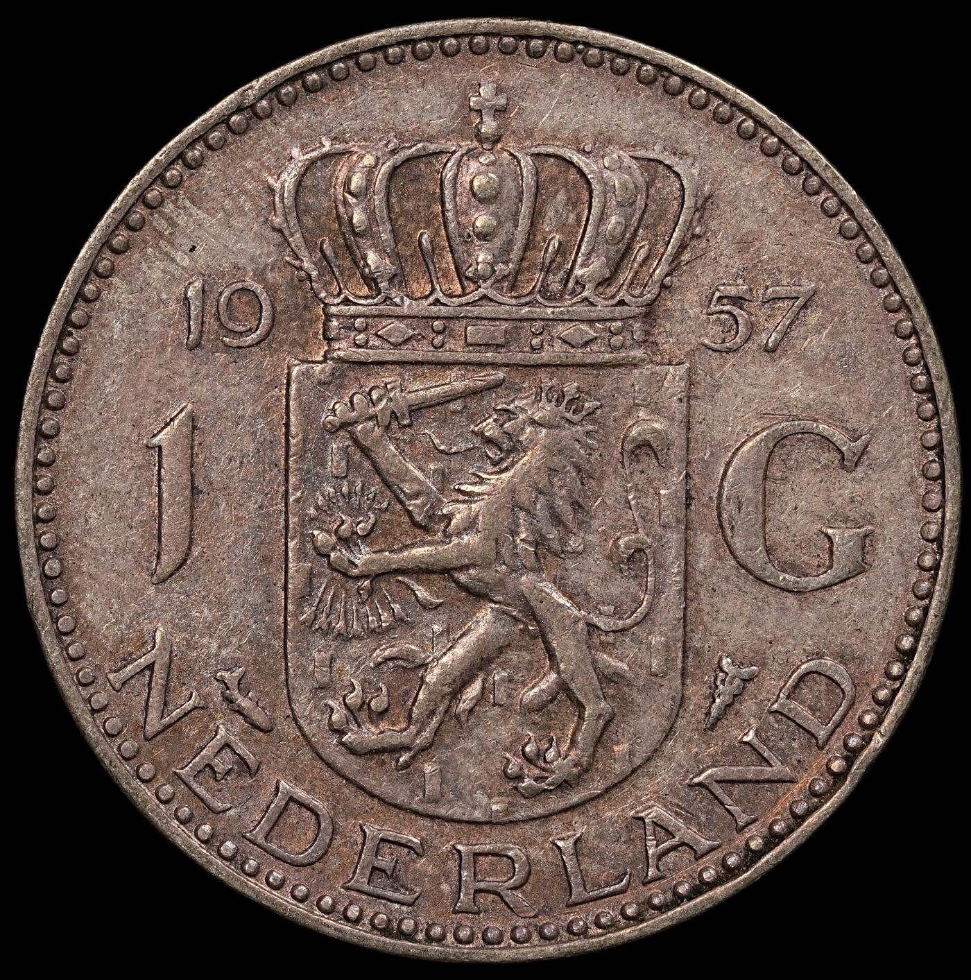 修遠堂世界钱币第112期  1957年荷兰年1盾银币，6.5g，含银72%