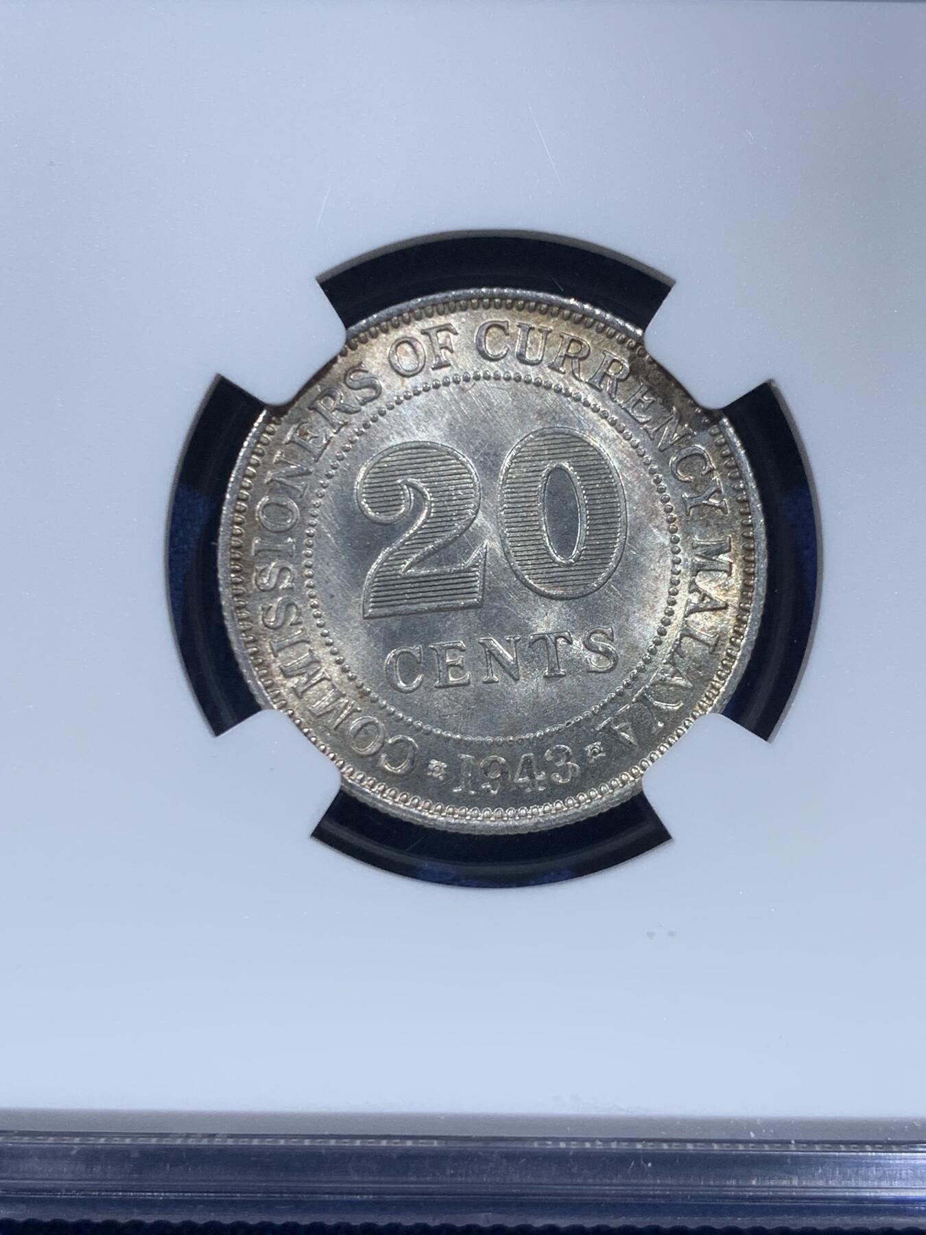 《竞宝斋》第482场 周日，周一 2场连拍 （全场包邮）20级店铺 欢迎送拍 NGC MS64 马来亚1943年乔六20分银币 少见BU状态，光度非常好的一枚