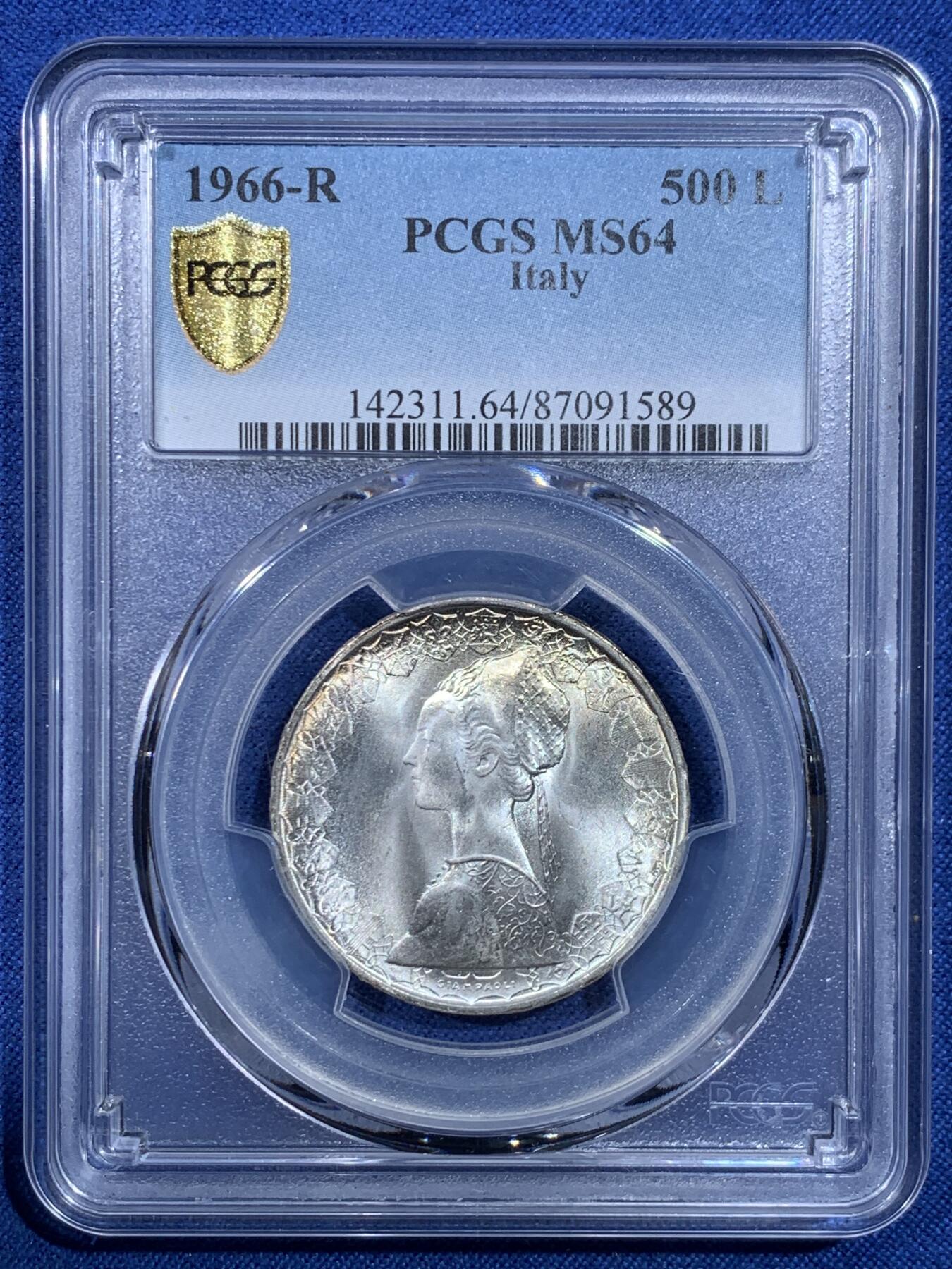 《竞宝斋》第482场 周日，周一 2场连拍 （全场包邮）20级店铺 欢迎送拍 PCGS MS64 意大利1966年少女帆船500里拉银币 卷拆银光