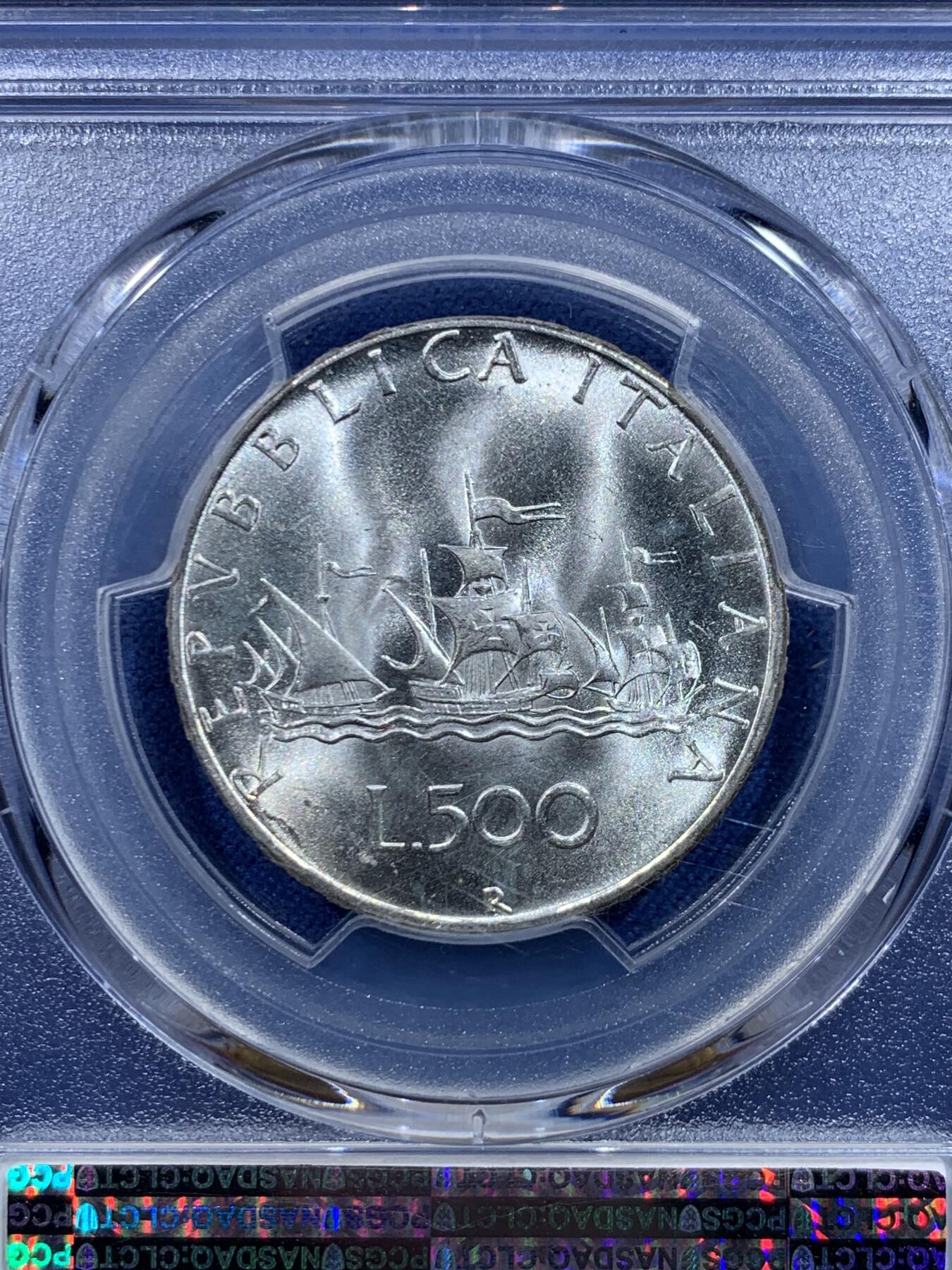 《竞宝斋》第482场 周日，周一 2场连拍 （全场包邮）20级店铺 欢迎送拍 PCGS MS64 意大利1966年少女帆船500里拉银币 卷拆银光