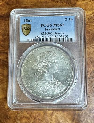 得物收藏 Chase Auction 第37期 - - 外钞、银元、民国钞和人民币混合场！ 持续更新！ 1861年 德国2泰勒银币，法兰克福少女，PCGS MS62！