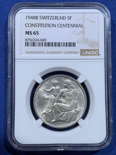 《竞宝斋》第482场 周日，周一 2场连拍 （全场包邮）20级店铺 欢迎送拍 - NGC MS65 瑞士1948年宪法百年5法郎银币 整体状态非常好