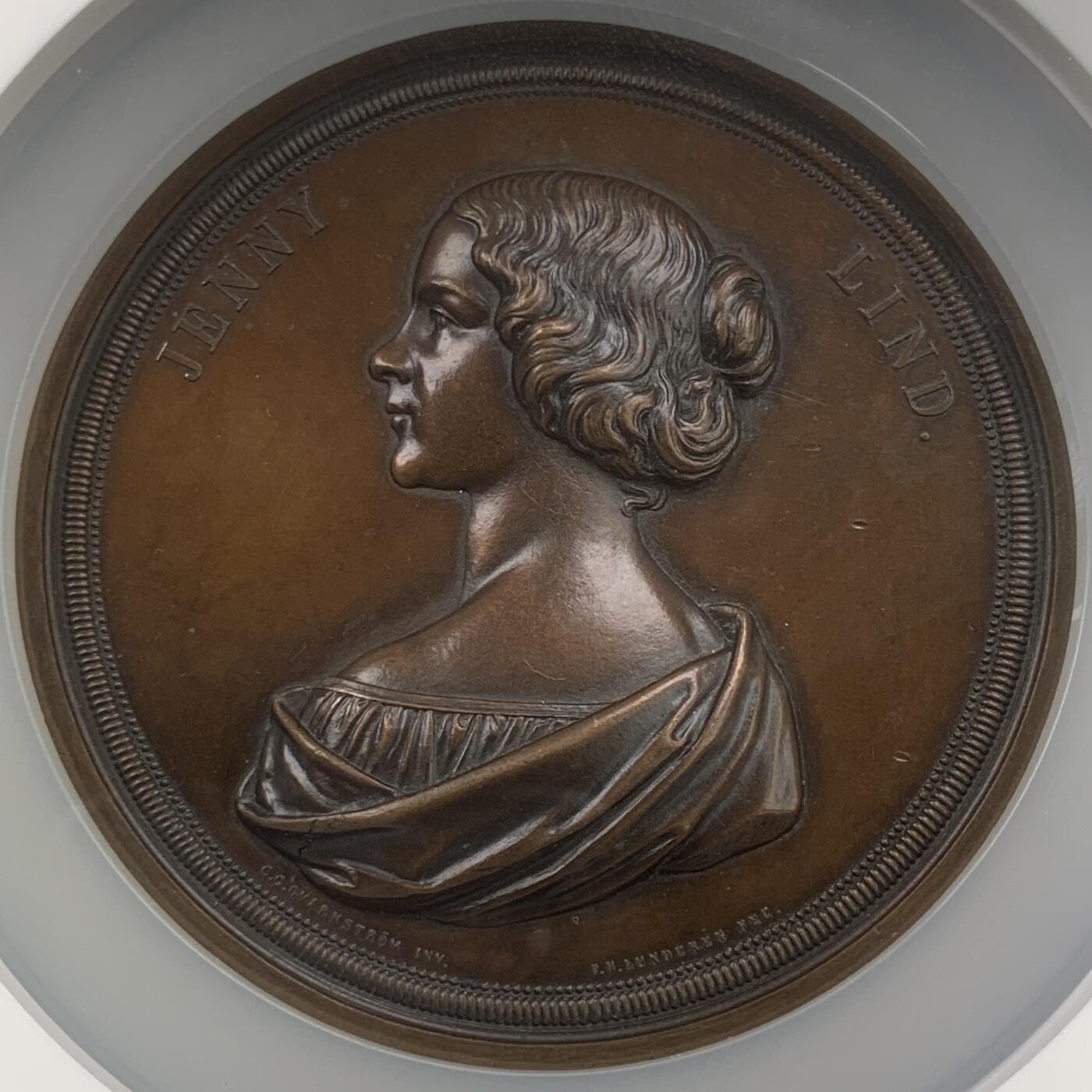 掌中浮雕-藏着的欧洲第059场 NGC MS62 ：1848年瑞典夜莺珍妮·林德铜章，78mm, P.H.Lundgren,高浮雕，NGC 加厚盒子