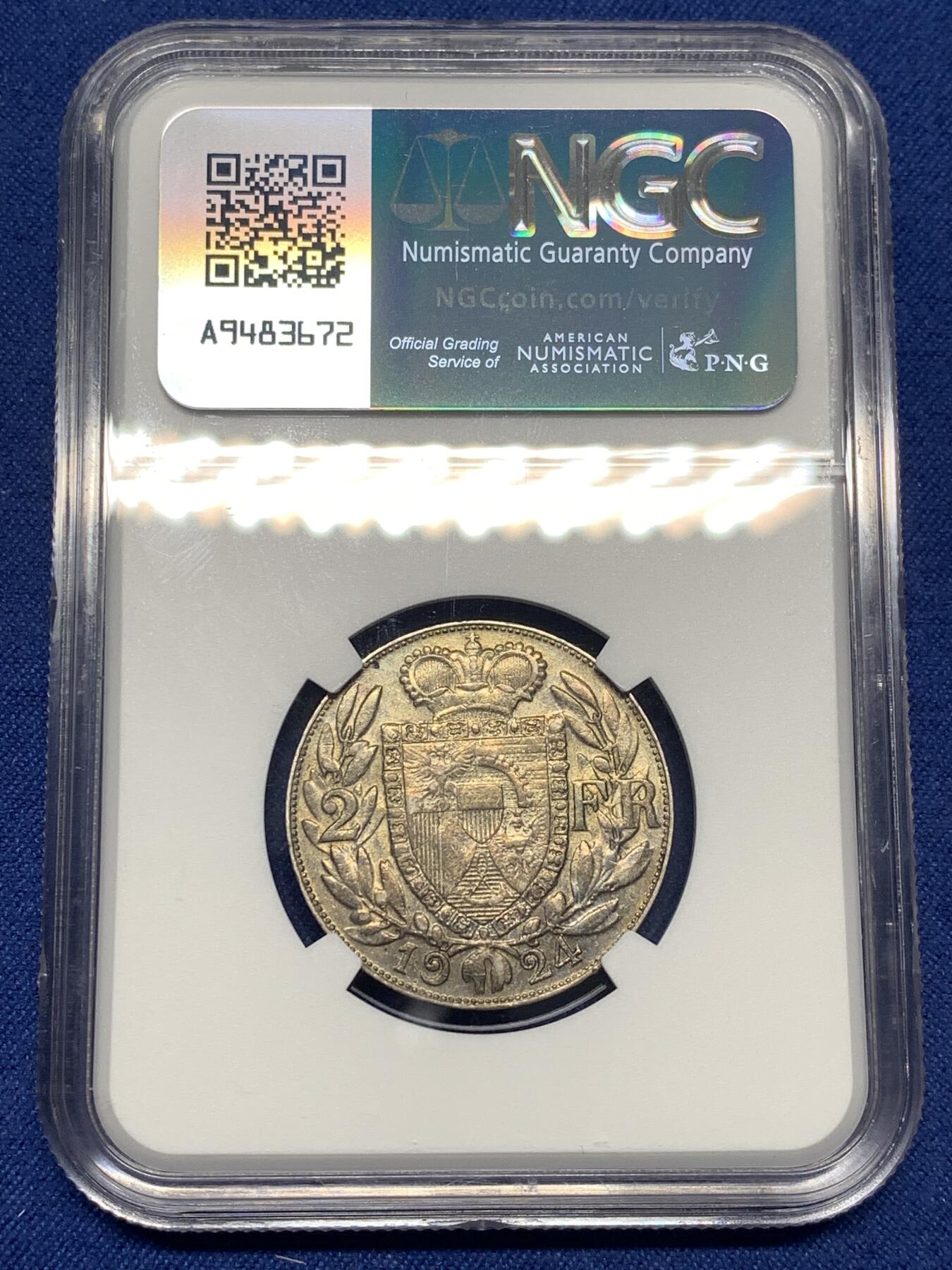 《竞宝斋》第482场 周日，周一 2场连拍 （全场包邮）20级店铺 欢迎送拍 NGC AU55 列支敦士登 1924年 约翰二世2法郎银币 独年发行 法郎版本比克朗版少很多