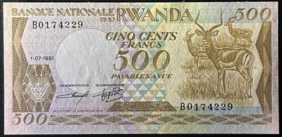 小福收藏拍卖第205期 裸钞场 本期有多张豹子号靓号  大量民国钞 百慕大样钞洋葱冠全套  阿富汗首年份查希尔国王和独立纪念碑 仅发行1000枚亚克力砖封蒙古20000图格里克帝国800周年纪念钞 卢旺达 东加勒比 斯里兰卡等多国精美纸币 卢旺达 1981年 500法郎 黑斑羚 少见 unc