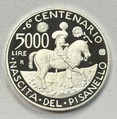 S&S Numismatic世界钱币-拍卖 第126期  意大利1995年 皮萨内洛诞辰600周年 5000里拉精制纪念银币 18克835银  品相如图，裸币