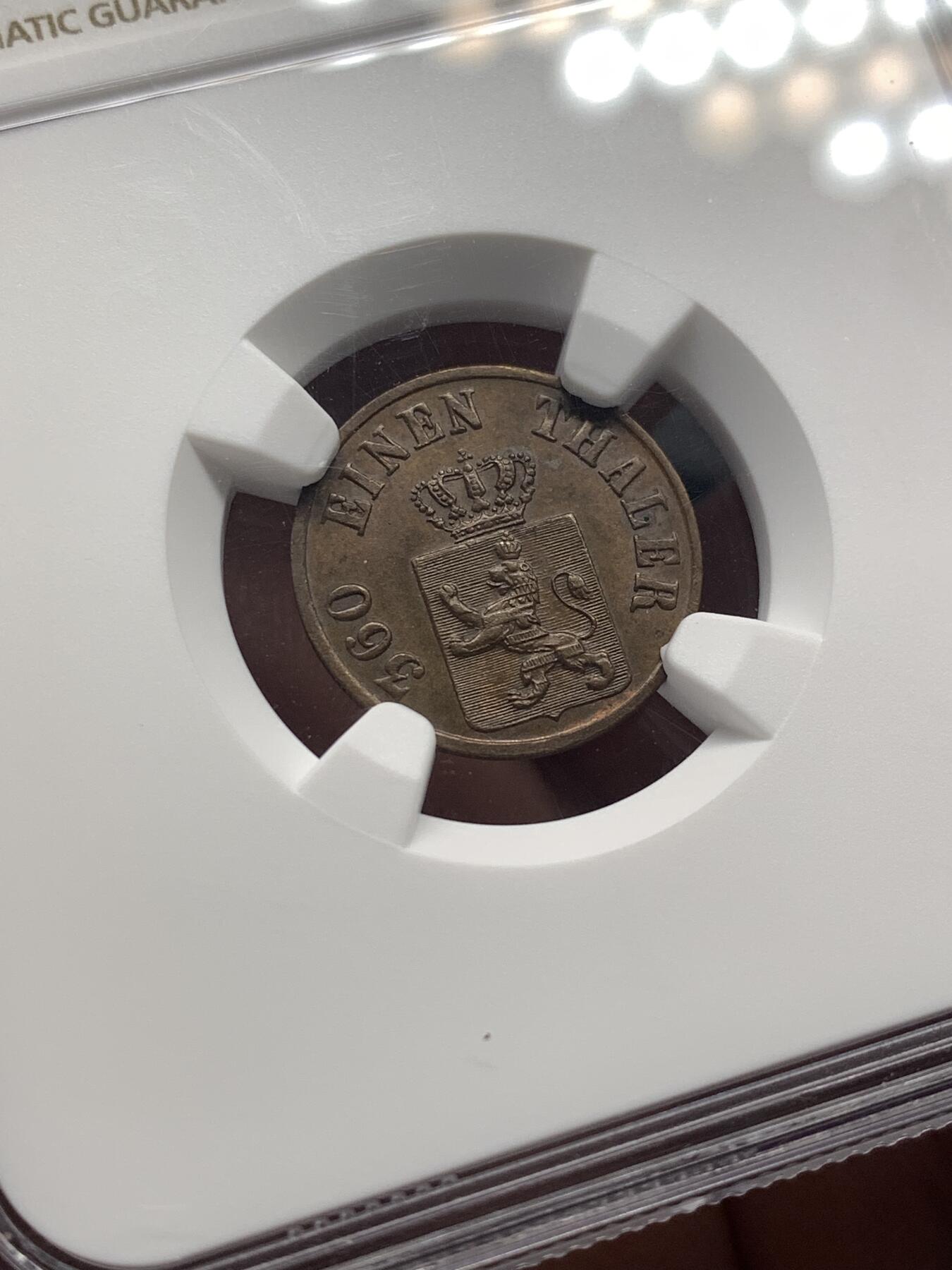 《竞宝斋》第482场 周日，周一 2场连拍 （全场包邮）20级店铺 欢迎送拍 唯一冠军分 NGC MS63+BN 德国1866年黑森卡塞尔邦1赫勒铜币 