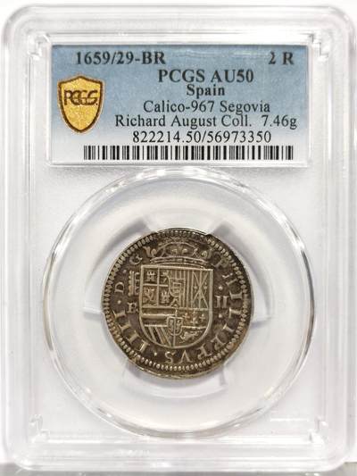 博洋堂“生趣盎然”4月精品专场暨第169期（全场包邮） PCGS AU50 西班牙塞戈维亚厂1659/29年菲利普四世2里亚尔银币，稀少骑字年份，名家旧藏，唯一冠军分！
