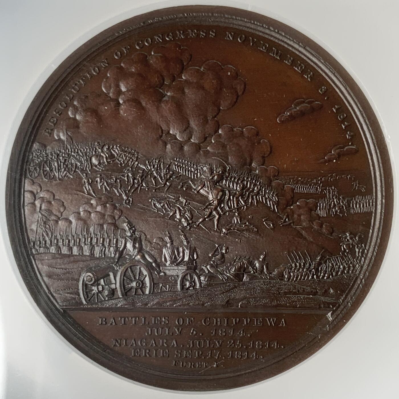 掌中浮雕-藏着的欧洲第059场 NGC MS63 ：1814年美国詹姆斯米勒准将铜章，65mm，原铸，稀少