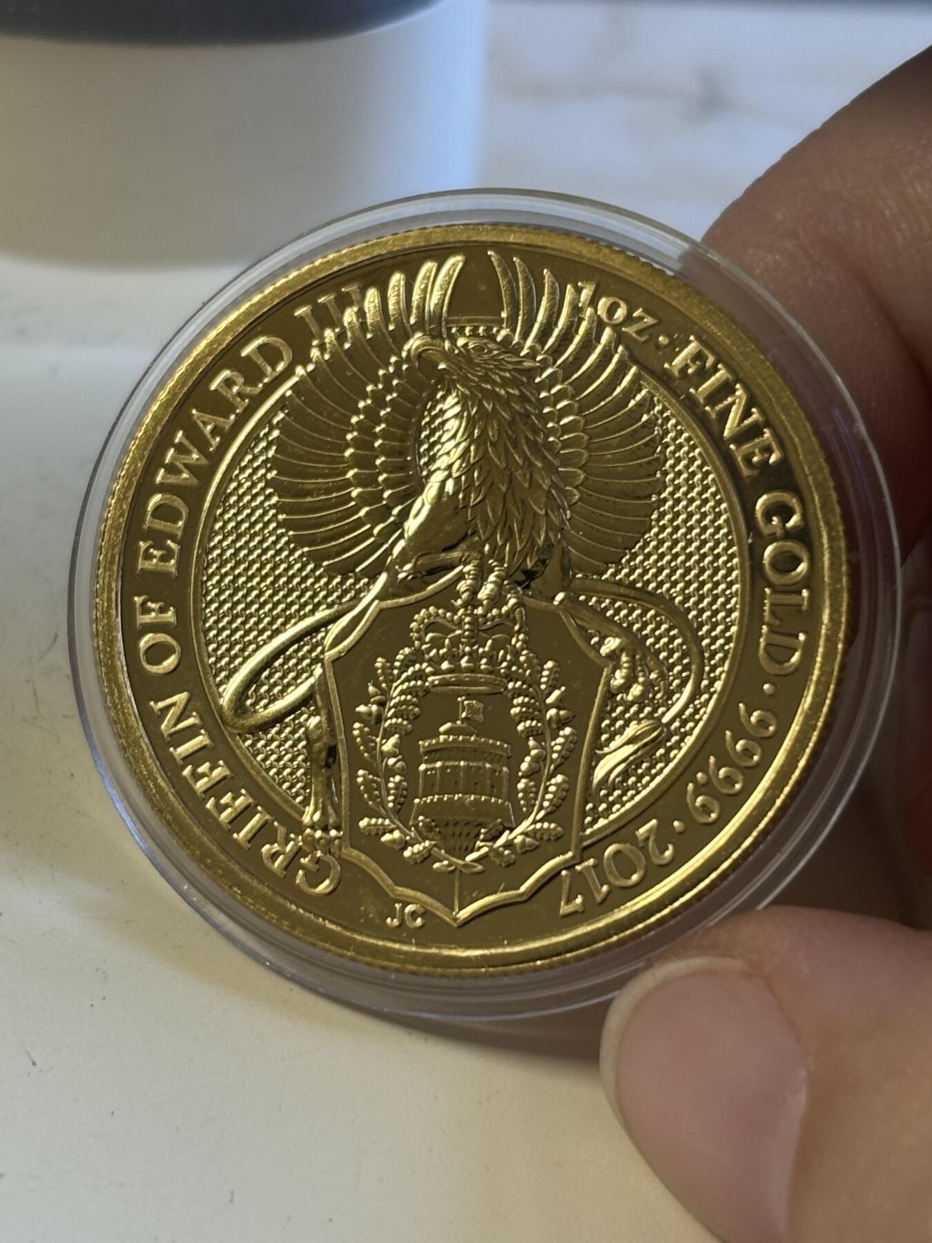 第197期拍卖 英国2017年女王神兽系列格里芬鹰1盎司纪念金币，9999金