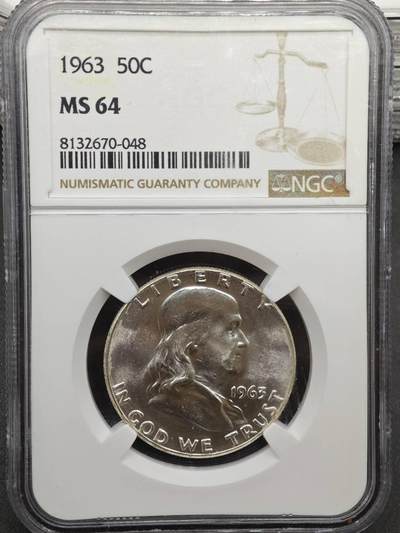 【淘币小摊】实时拍第八百九十六拍   银币套币场    每周一统一发货 美国1963年富兰克林半美元银币 NGC MS64